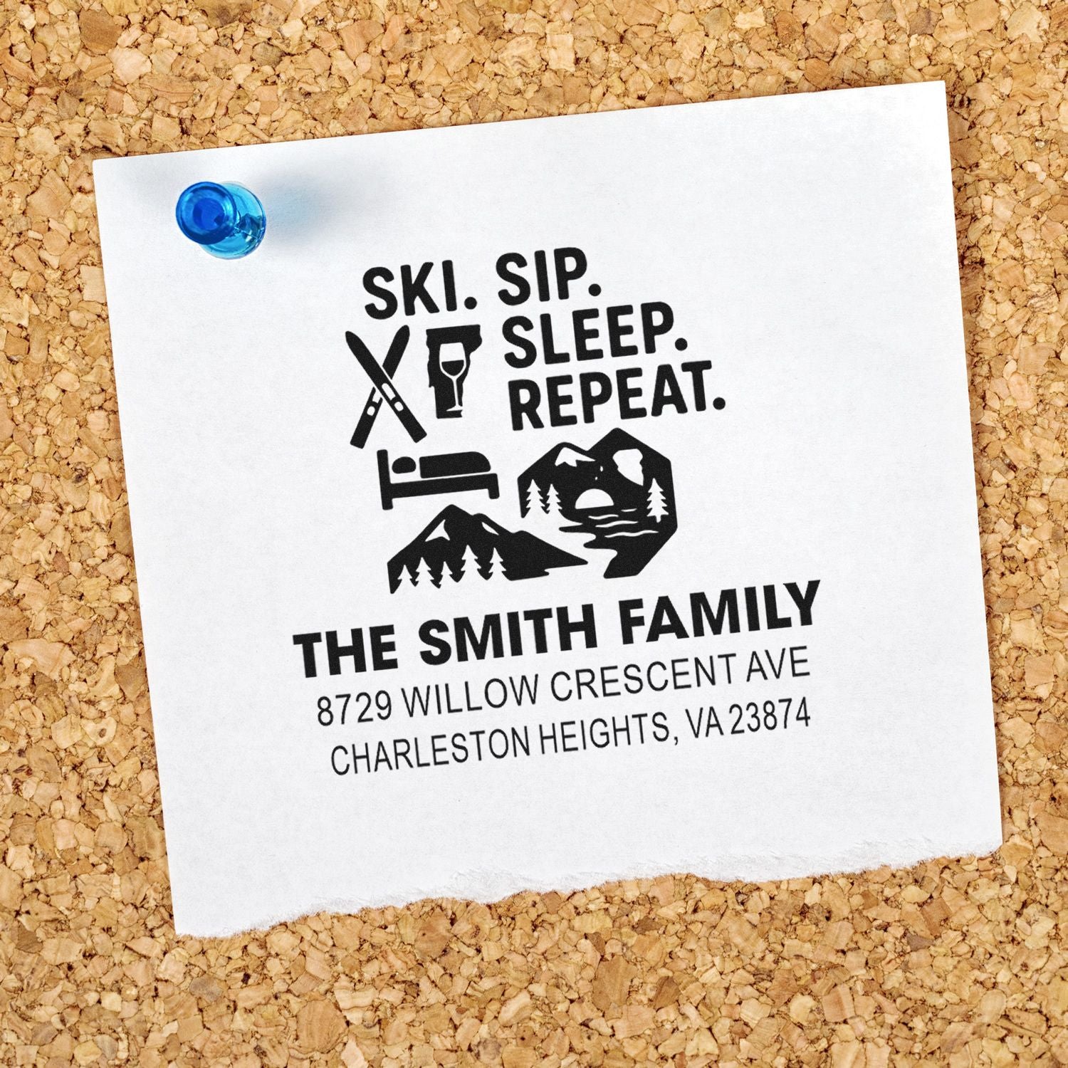 Personalized rubber stamp with ski sip sleep repeat design, family name, and return address for custom mailings.