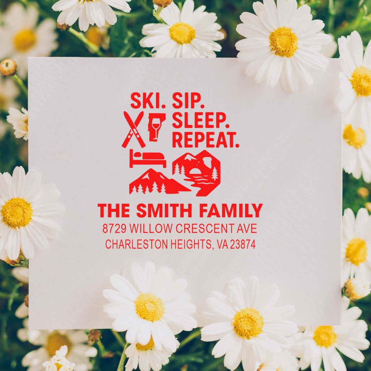 Custom rubber stamp for The Smith Family with ski, wine and cabin icons, personalized return address stamp design.