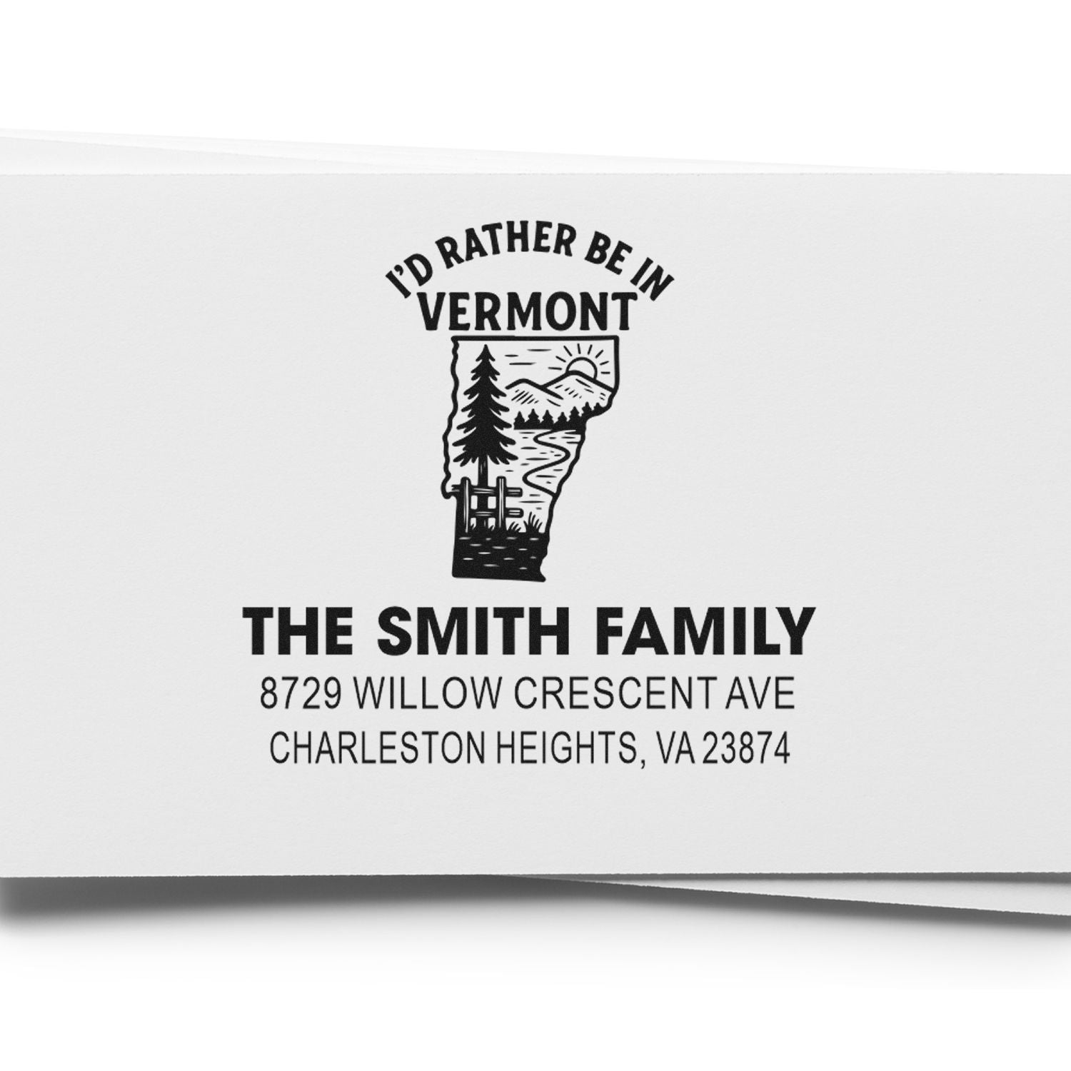 Custom rubber address stamp for The Smith Family with Vermont state design and return address in Charleston Heights, VA.