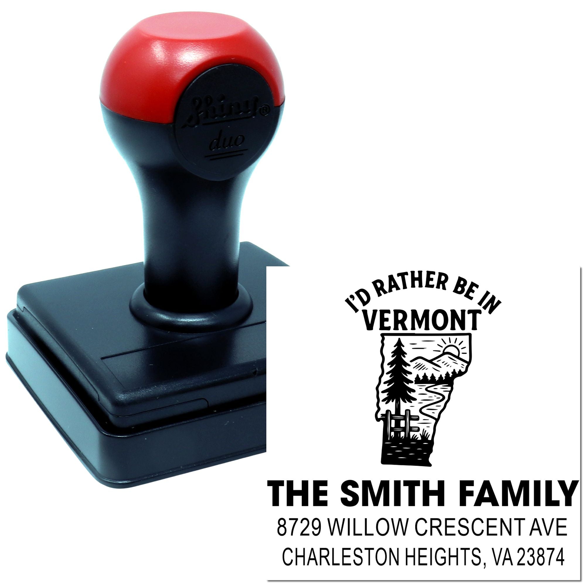 Custom self-inking rubber stamp with Vermont return address design for The Smith Family, featuring personalized address imprint.