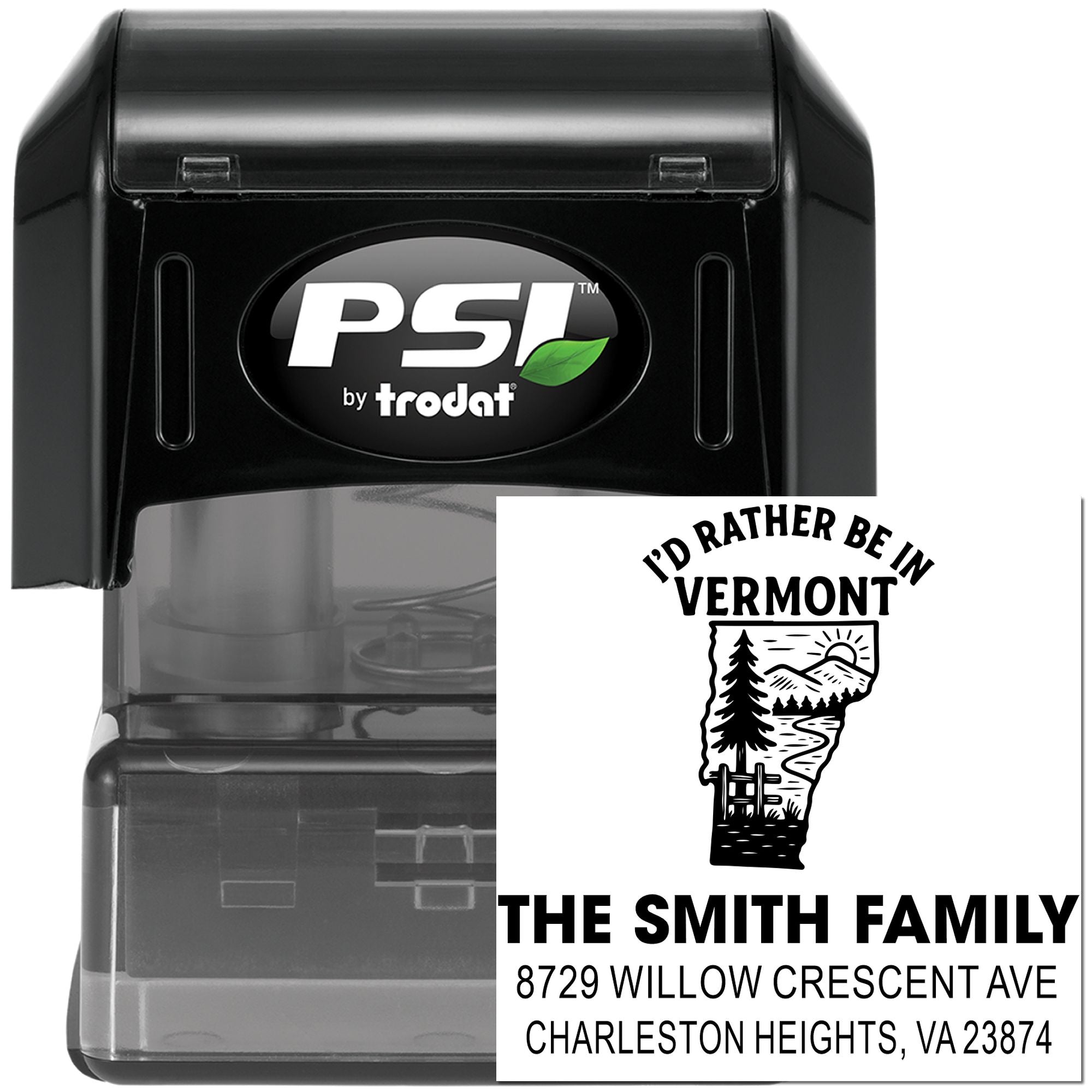 Personalized return address rubber stamp with Id Rather Be in Vermont design, PSI by Trodat.