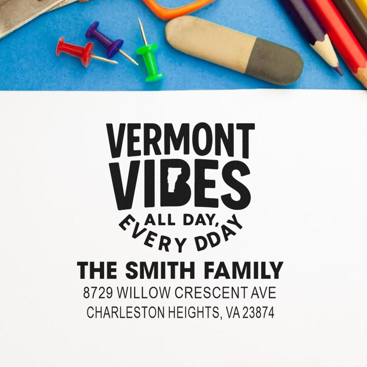 Custom rubber address stamp for The Smith Family with Vermont Vibes slogan and Charleston Heights, VA return address.