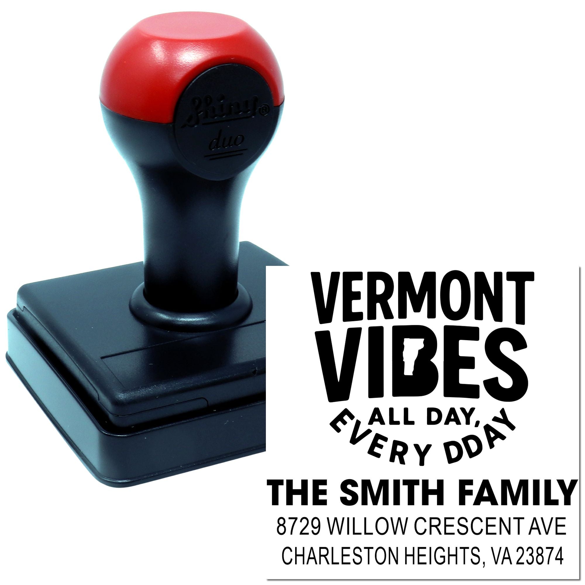 Custom self-inking rubber stamp featuring Vermont Vibes and Smith family return address for personalized mail.