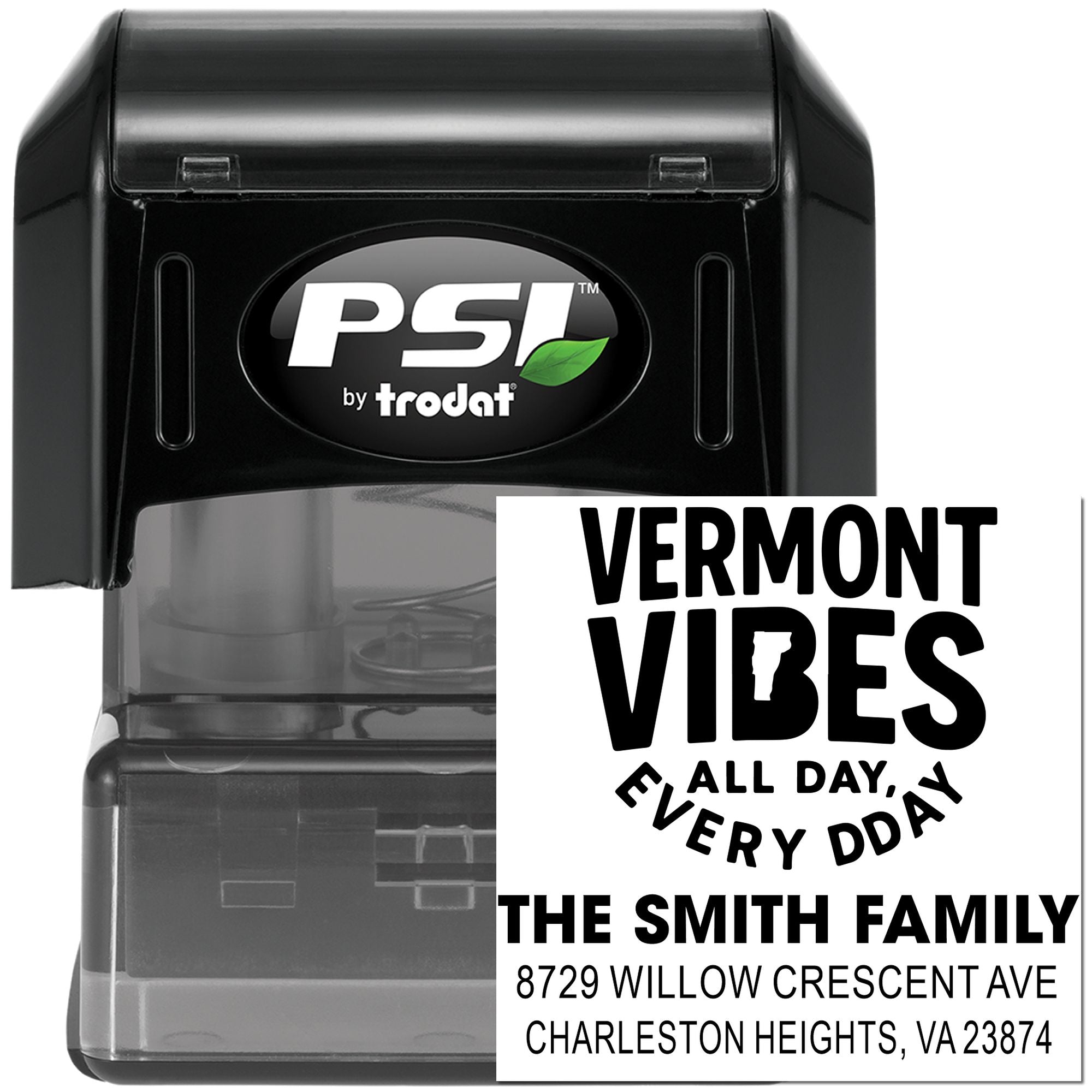 Custom self-inking rubber stamp by PSI Trodat with Vermont Vibes return address imprint, ideal for personalized address stamps.