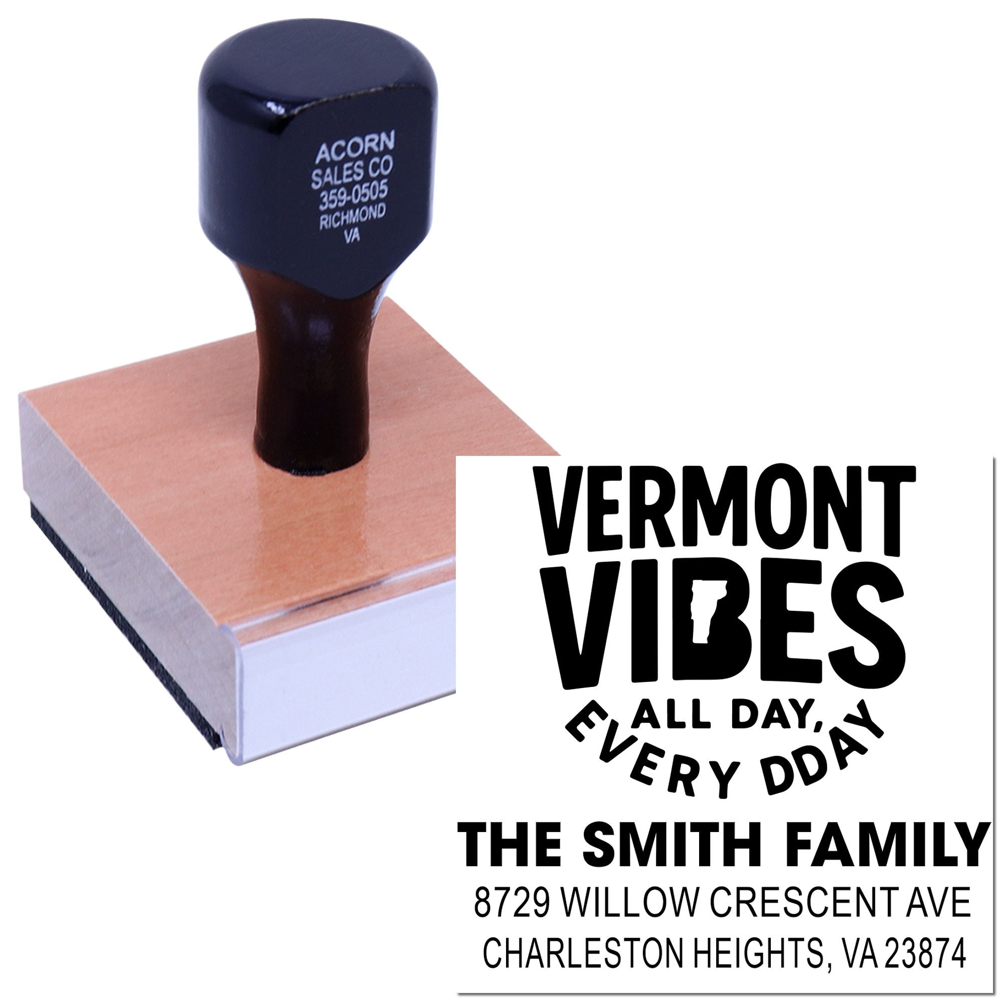 Custom rubber stamp for mailing, showing Vermont Vibes family address imprint and wood-mounted design.