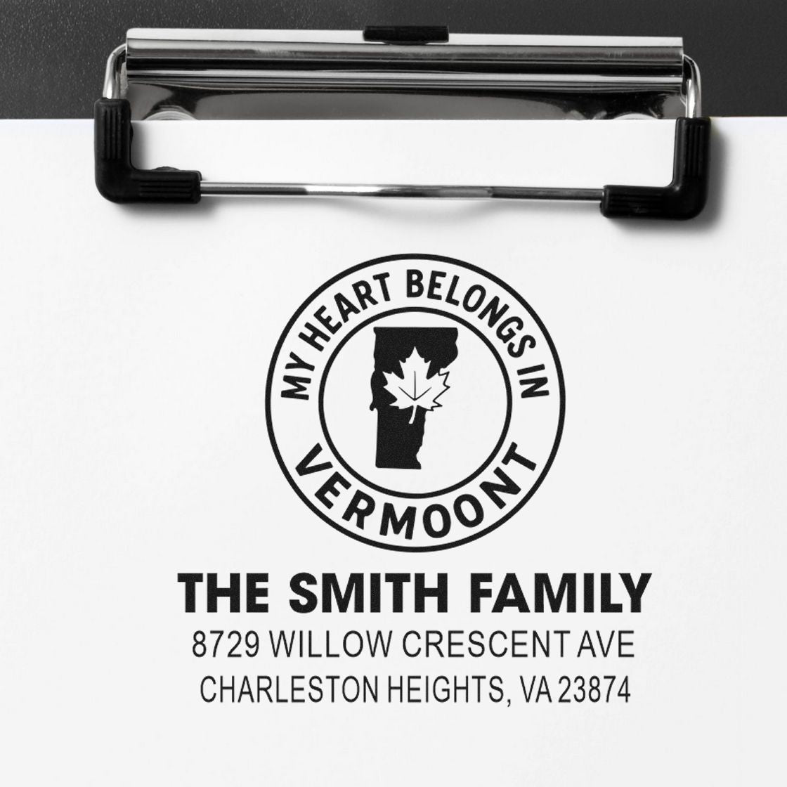 Personalized Vermont return address rubber stamp for The Smith Family with maple leaf design and address.