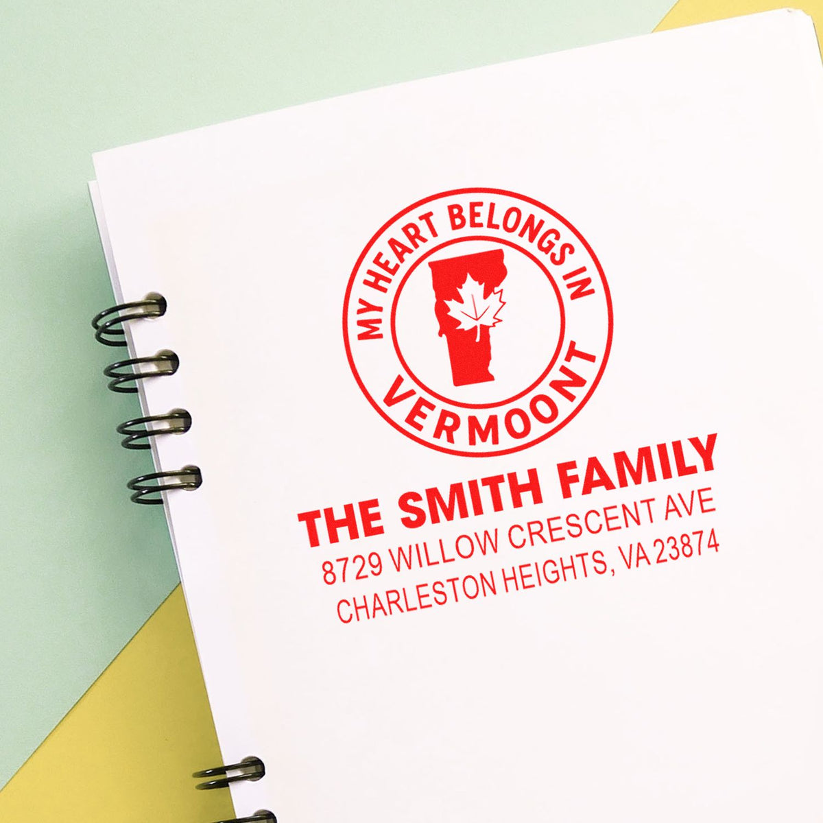 Personalized address rubber stamp for The Smith Family, featuring a Vermont heart design for envelopes and stationery.