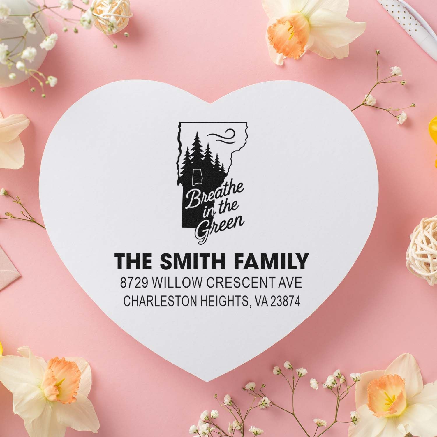 Personalized return address rubber stamp with heart design and Breathe in the Green tree logo for The Smith Family.