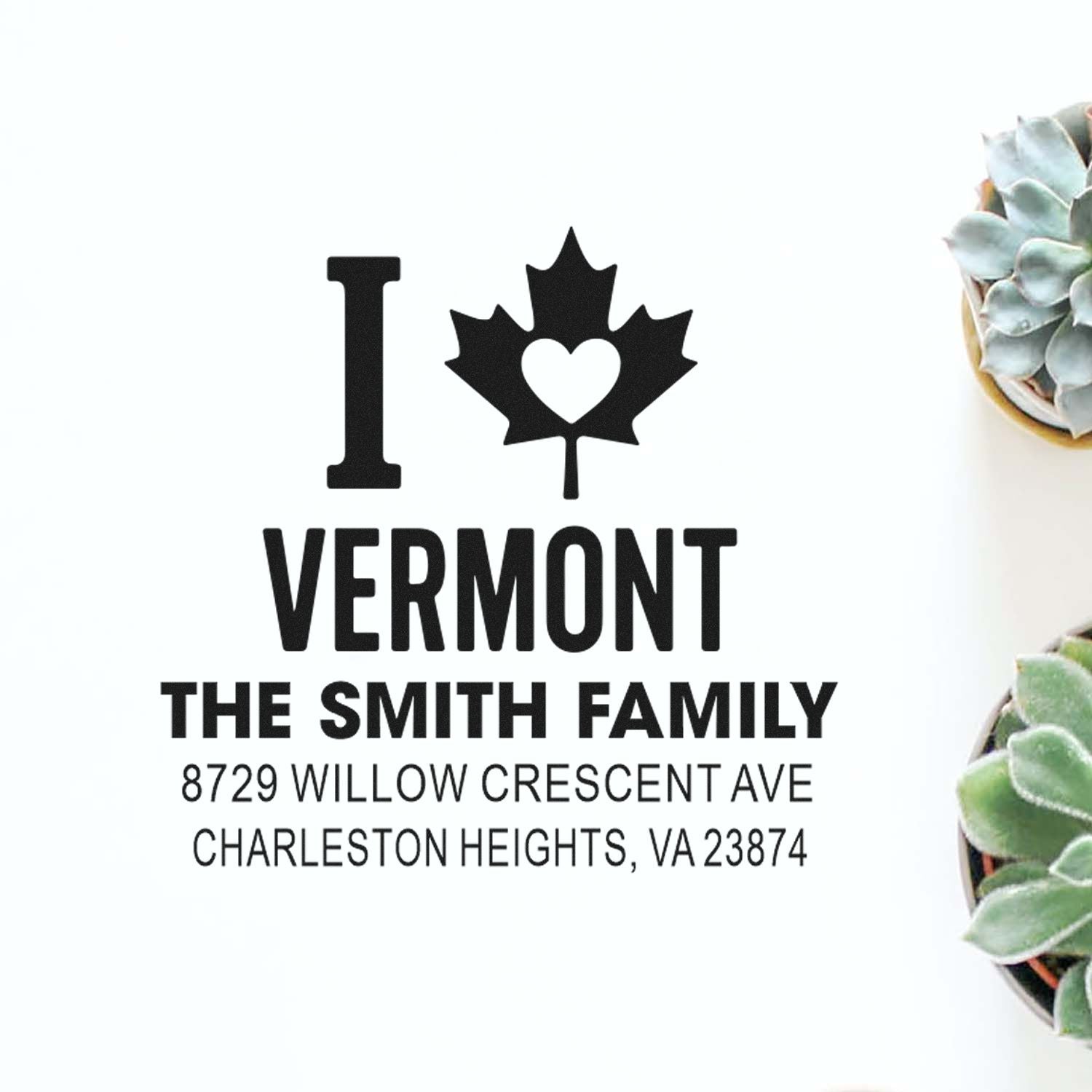 Custom Vermont return address rubber stamp with maple leaf heart design for The Smith Family, Charleston Heights, VA