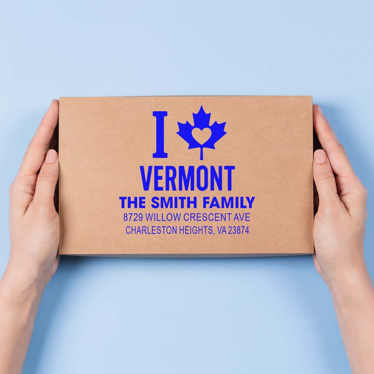 Custom Vermont return address rubber stamp for packaging, featuring I Love Vermont maple leaf design and Smith family details.