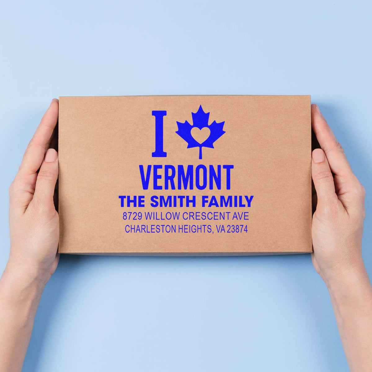 Custom I Love Vermont family address rubber stamp on kraft gift box packaging