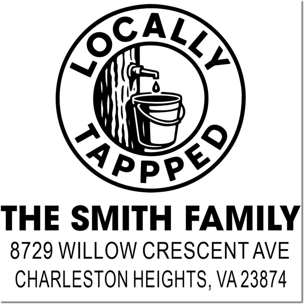 Custom family address rubber stamp with Locally Tapped logo, The Smith Family, 8729 Willow Crescent Ave, Charleston Heights, VA 23874.