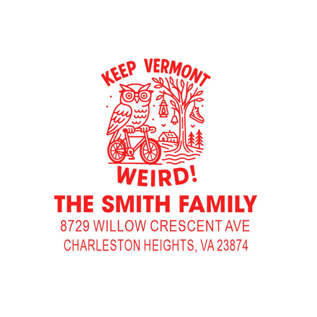 Custom return address rubber stamp for The Smith Family with Keep Vermont Weird! owl design and Charleston Heights, VA address.