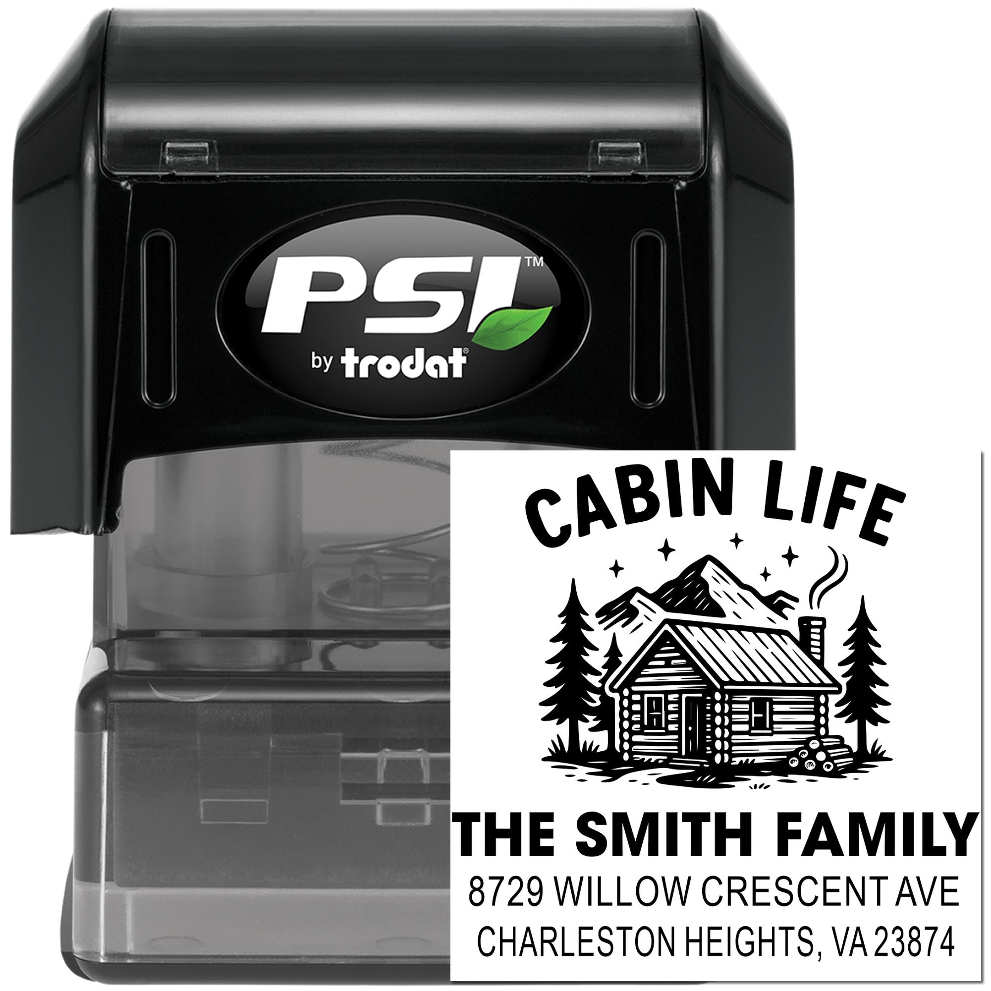 Custom self-inking cabin life address stamp with mountain cabin design, perfect for family mail and return labels.