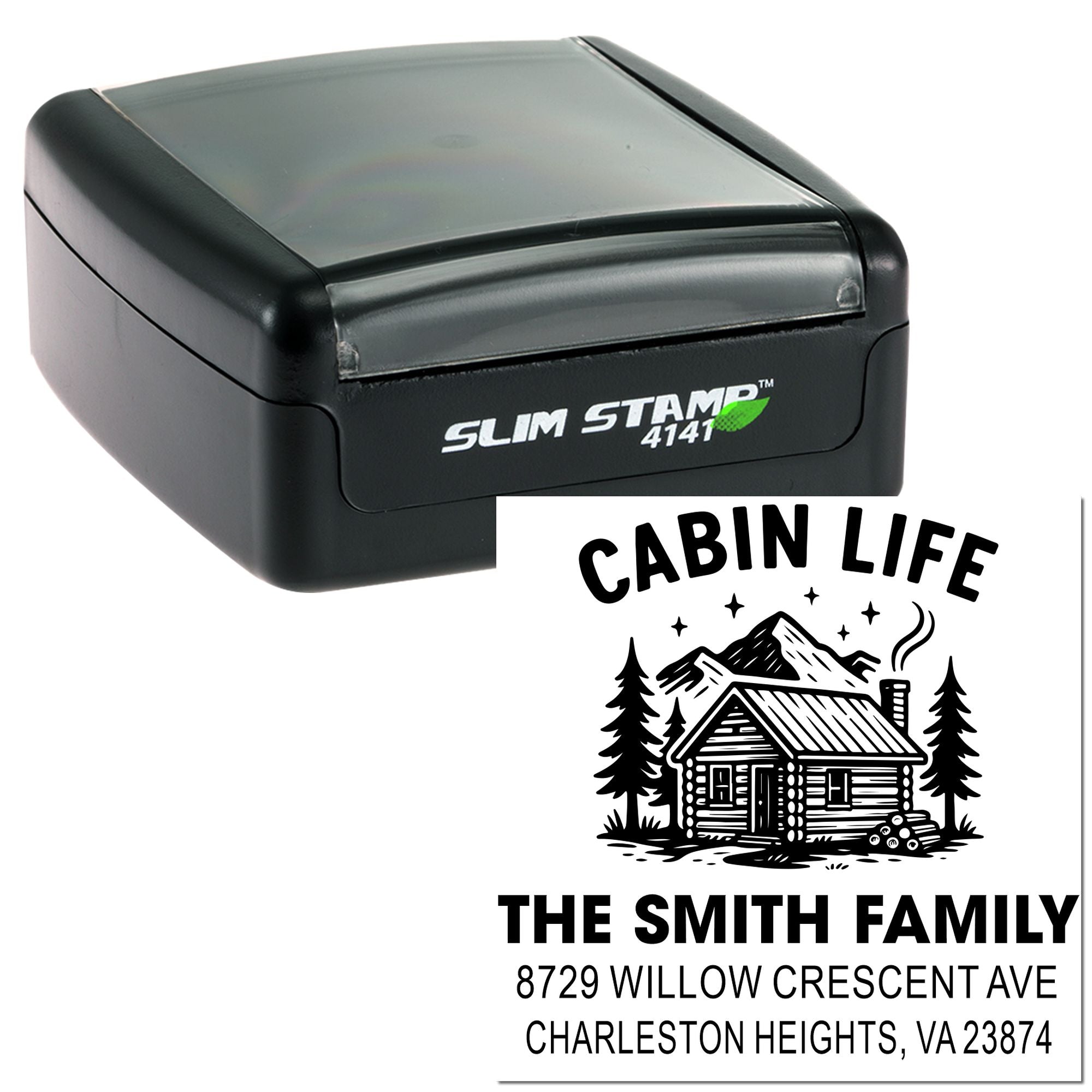 Custom self-inking rubber stamp with Cabin Life cabin design and Smith family return address