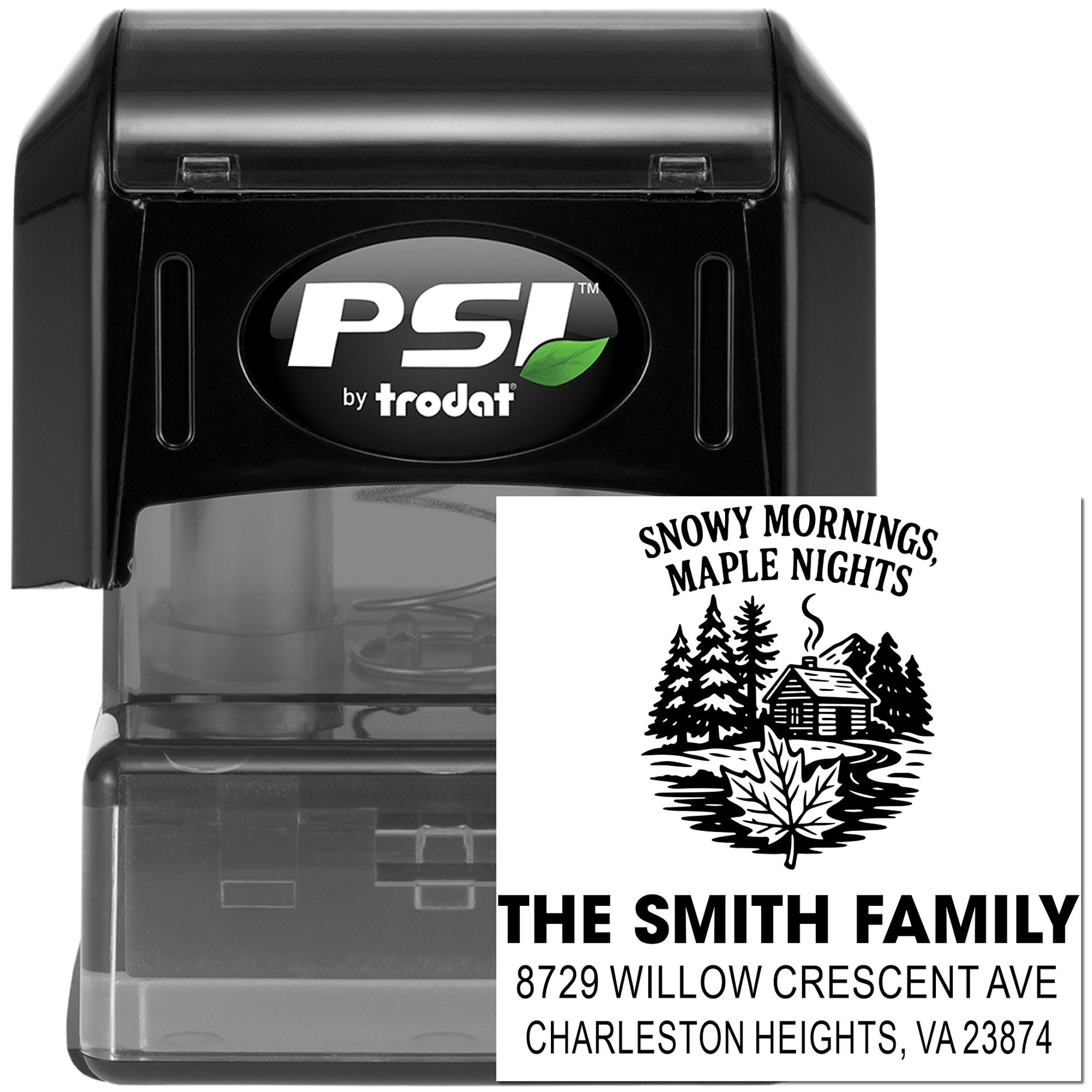 Custom self-inking rubber address stamp with winter cabin design for The Smith Family.