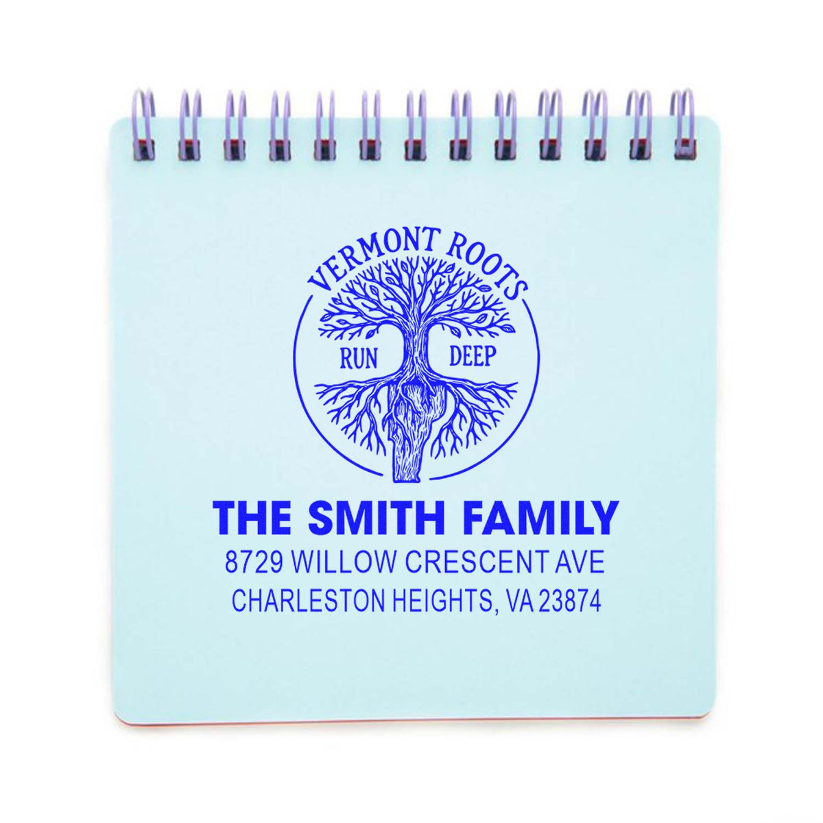 Custom family address rubber stamp with tree logo, Smith family name, and Charleston Heights, VA return address