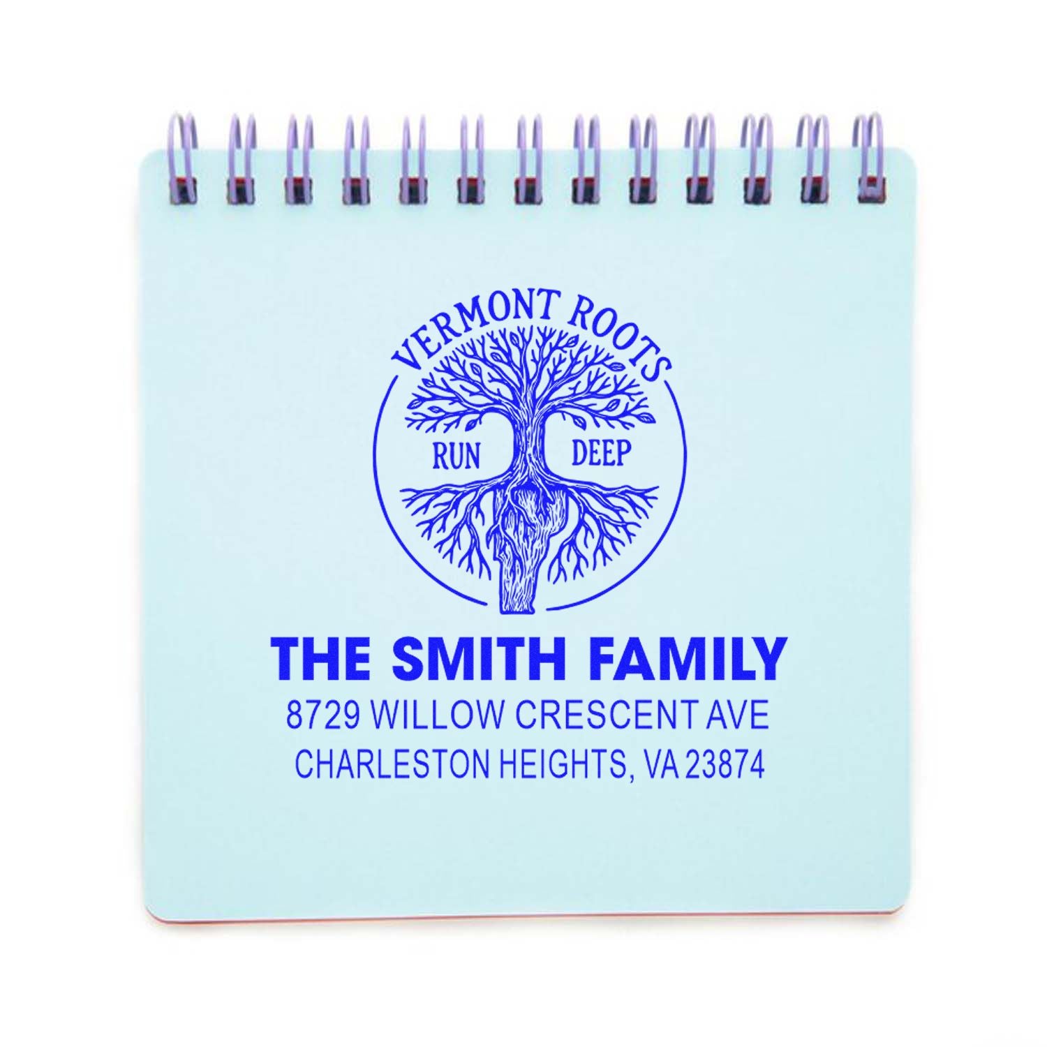 Personalized self-inking address stamp with Vermont Roots tree logo for The Smith Family, featuring Charleston Heights, VA address.