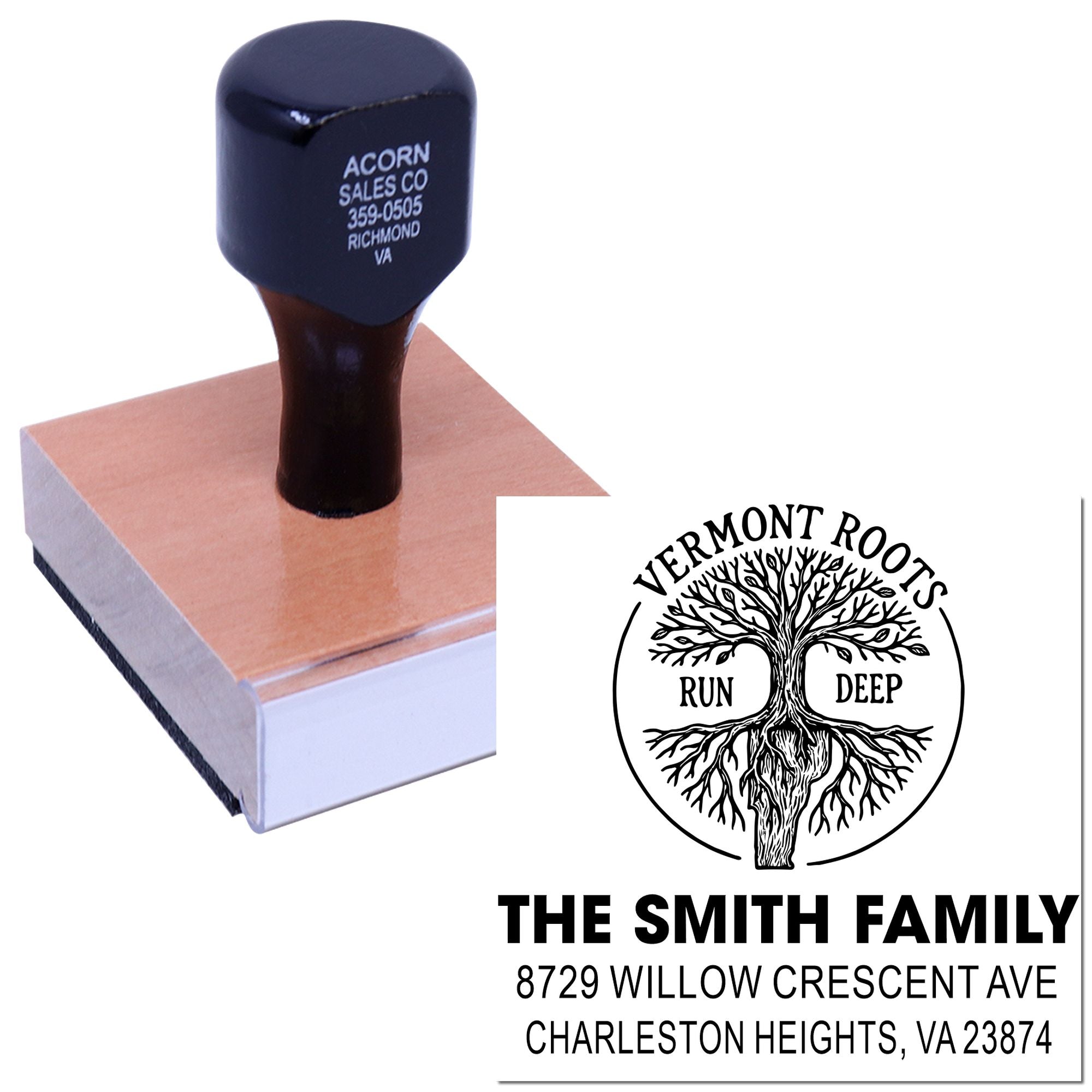 Custom rubber return address stamp with family tree design for The Smith Family, Charleston Heights, VA