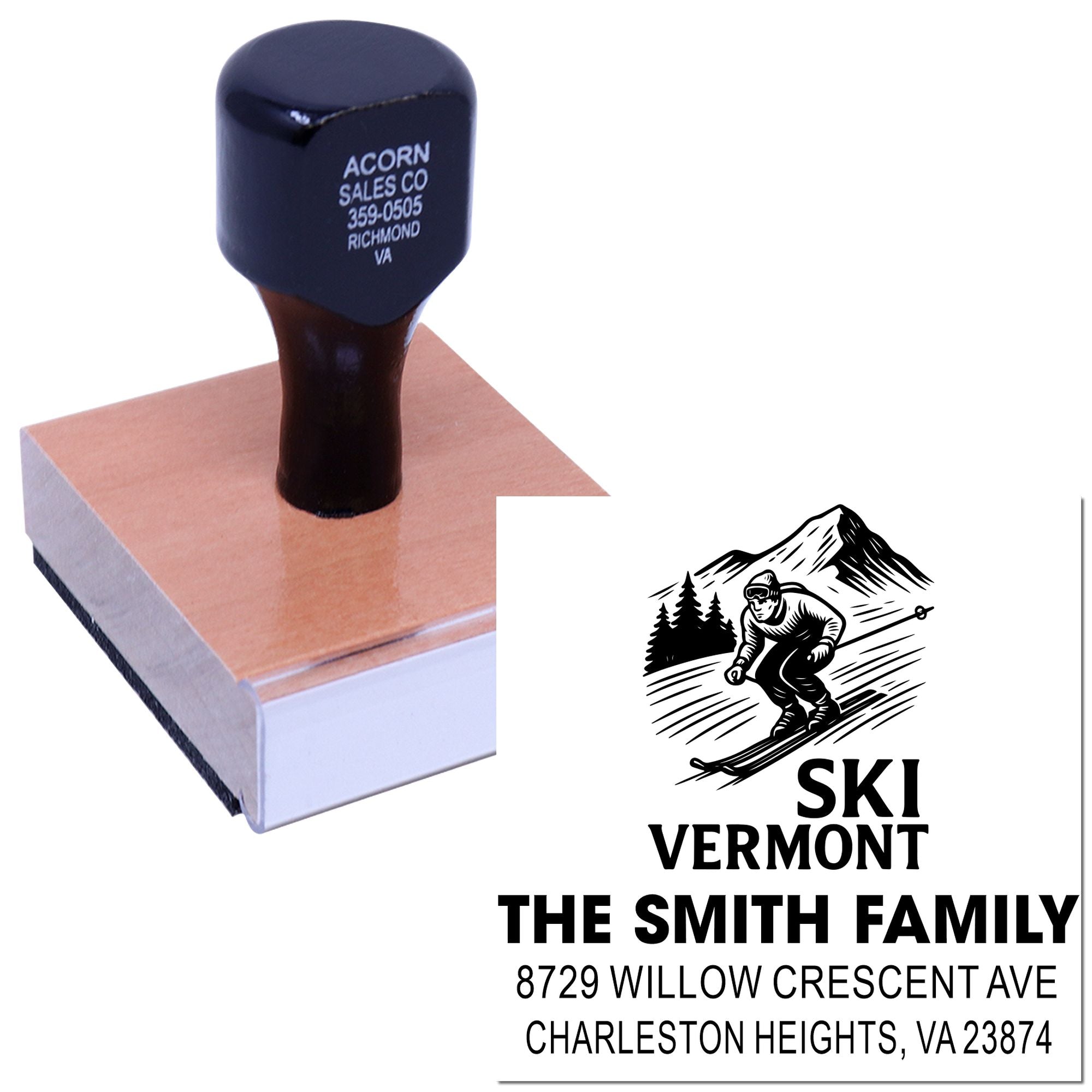 Custom ski-themed rubber address stamp for The Smith Family with Vermont design and Charleston Heights, VA return address.
