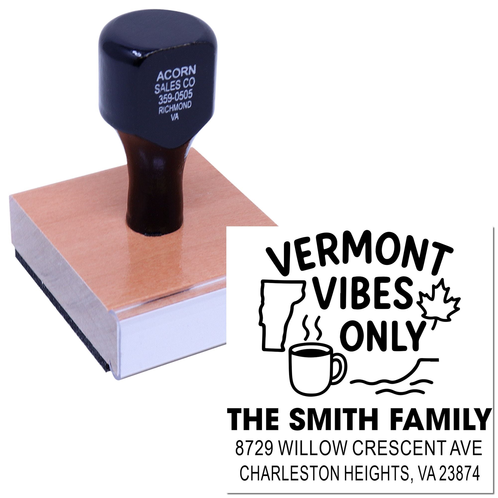 Custom wood rubber stamp for Vermont Vibes Only, featuring The Smith Family return address for personalized mailings.