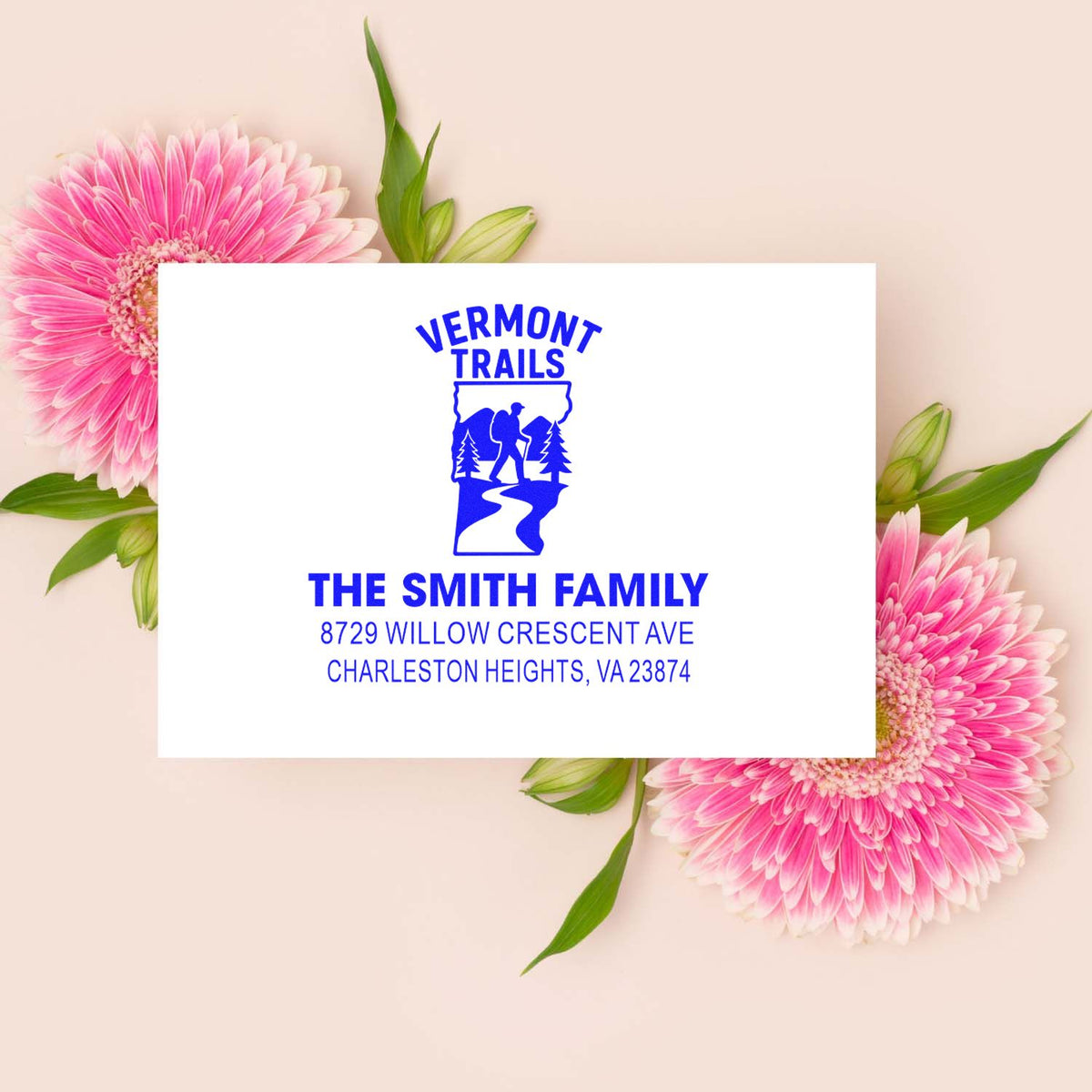 Custom Vermont Trails return address rubber stamp for The Smith Family with hiking logo and Virginia address.