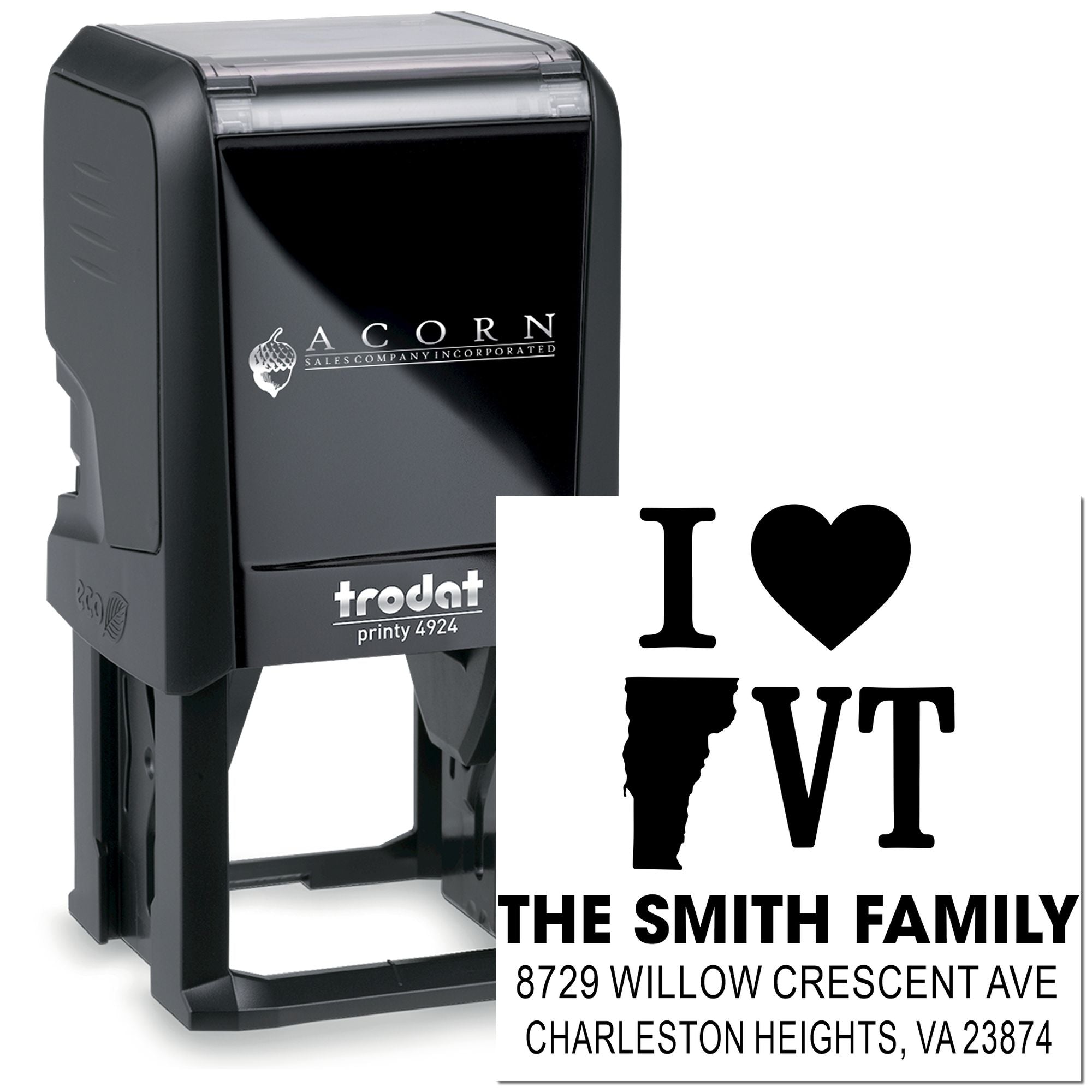 Custom self-inking address stamp with Vermont heart design and Smith family return address on a white background.