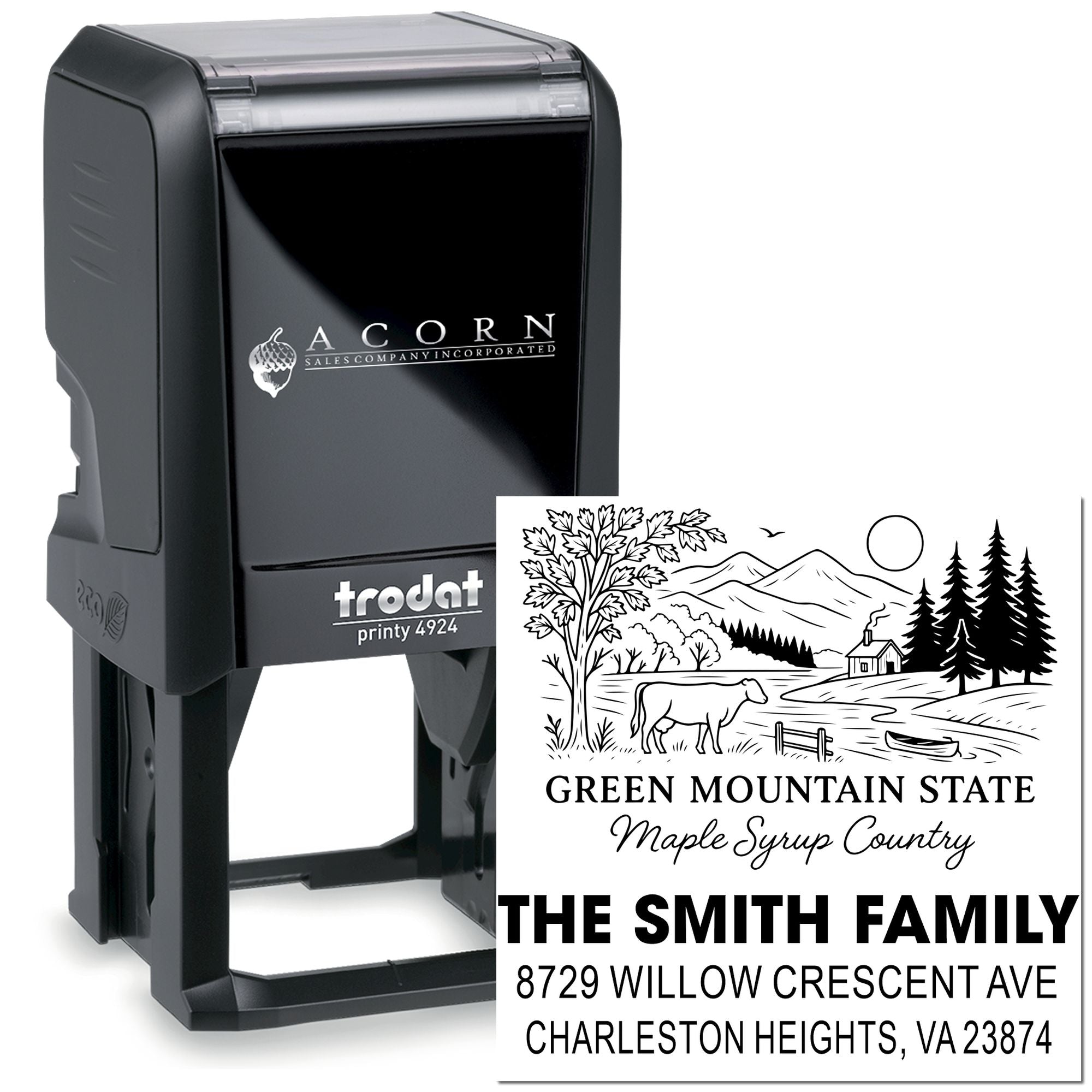 Custom self-inking rubber stamp with personalized family address and mountain design, ideal for business or home mailing.