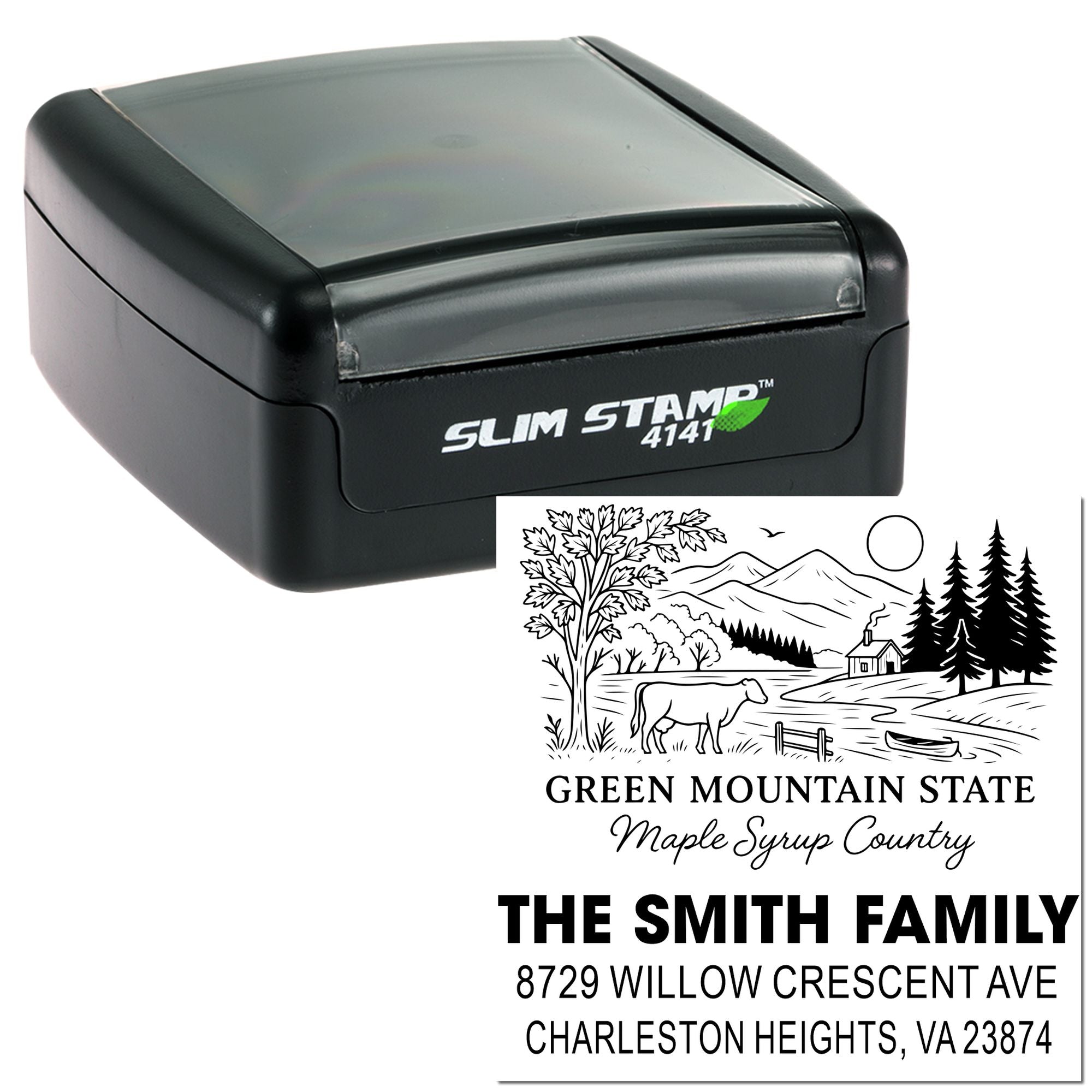 Custom self-inking rubber stamp preview with Vermont maple syrup artwork, family name, and address.