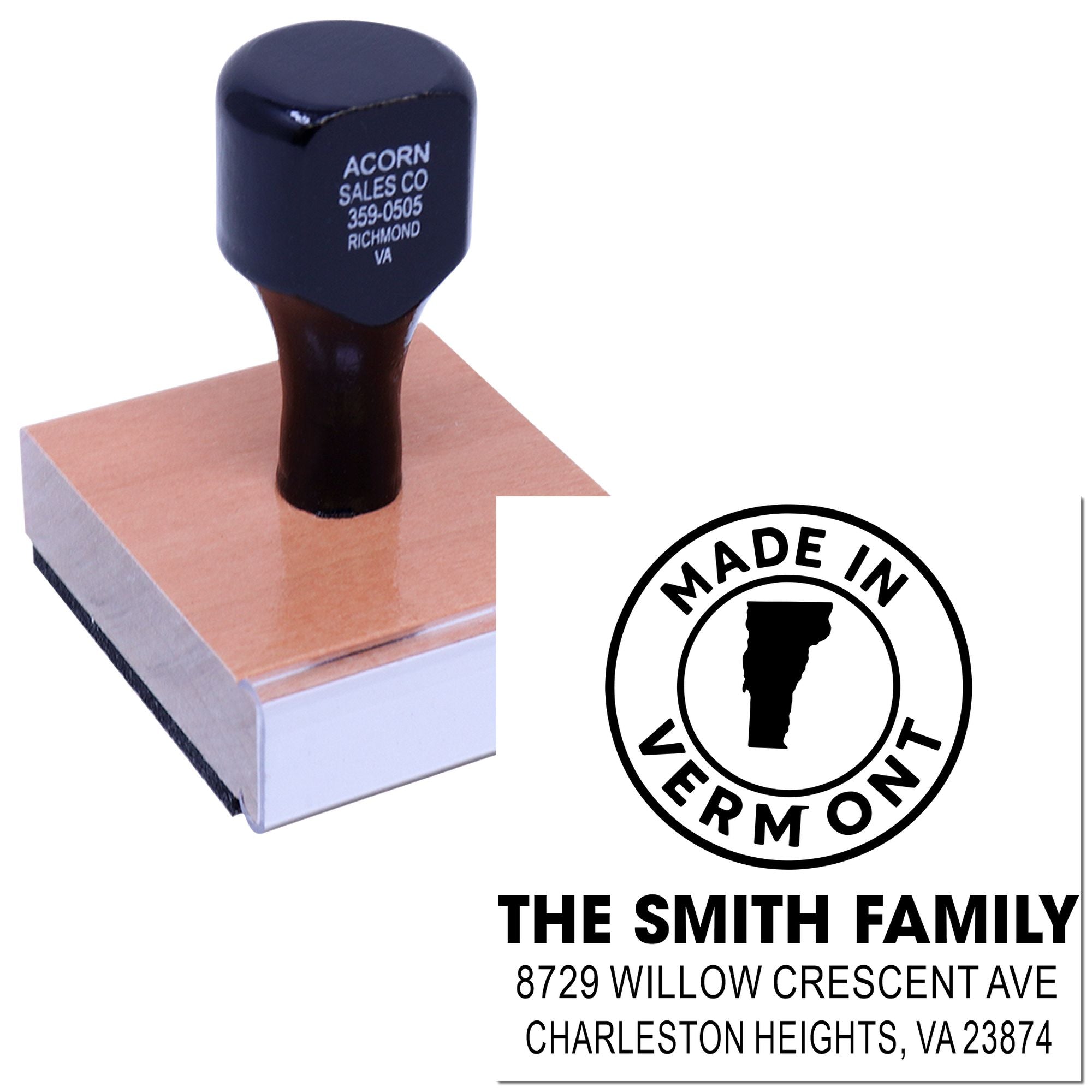 Custom rubber address stamp on wooden block, showing a Made in Vermont seal and personalized family name and mailing address.