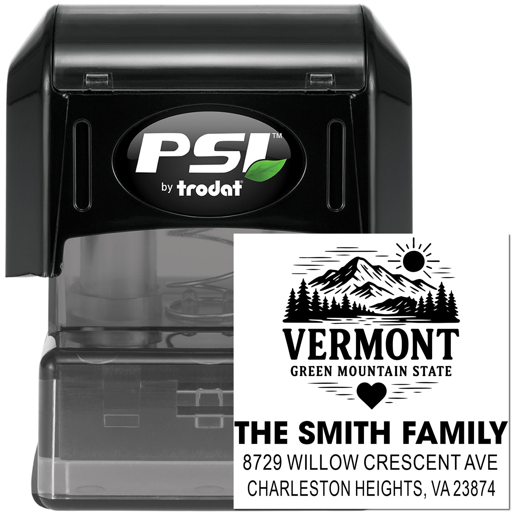 Custom self-inking rubber address stamp with Vermont mountain design for family mail, labels, and home correspondence.