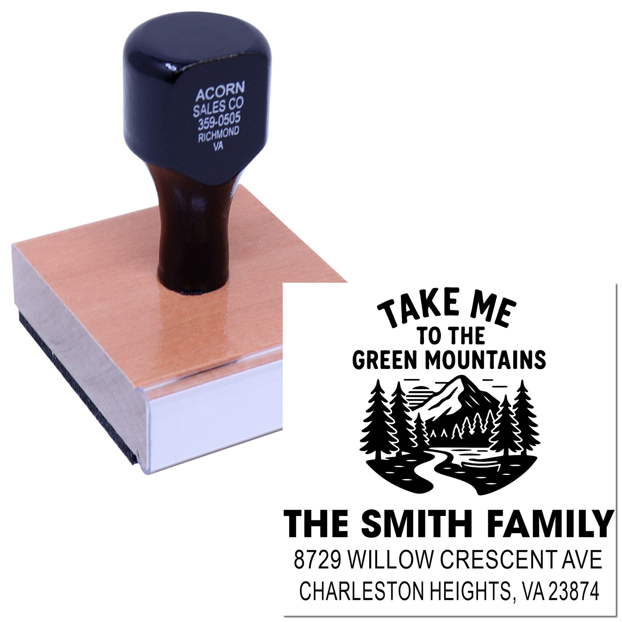 Custom self-inking rubber stamp with mountain design and family address on wood block, shown beside a personalized return address stamp on white background.