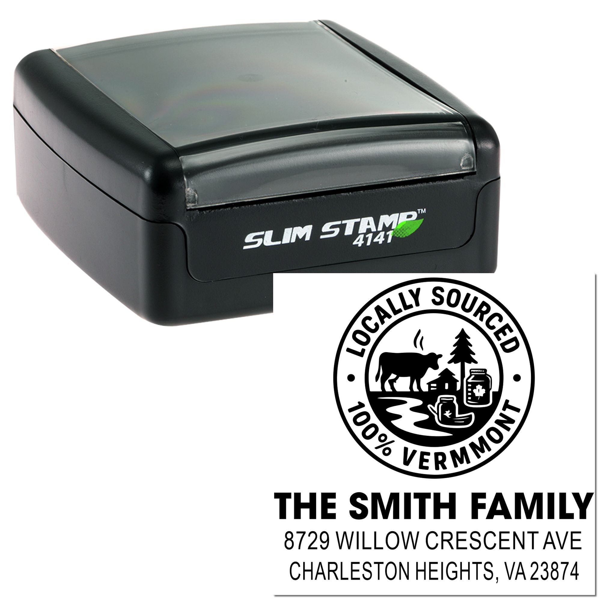 Custom self-inking address stamp with Locally Sourced 100% Vermont logo, The Smith Family name, and Charleston Heights, VA address on white background.