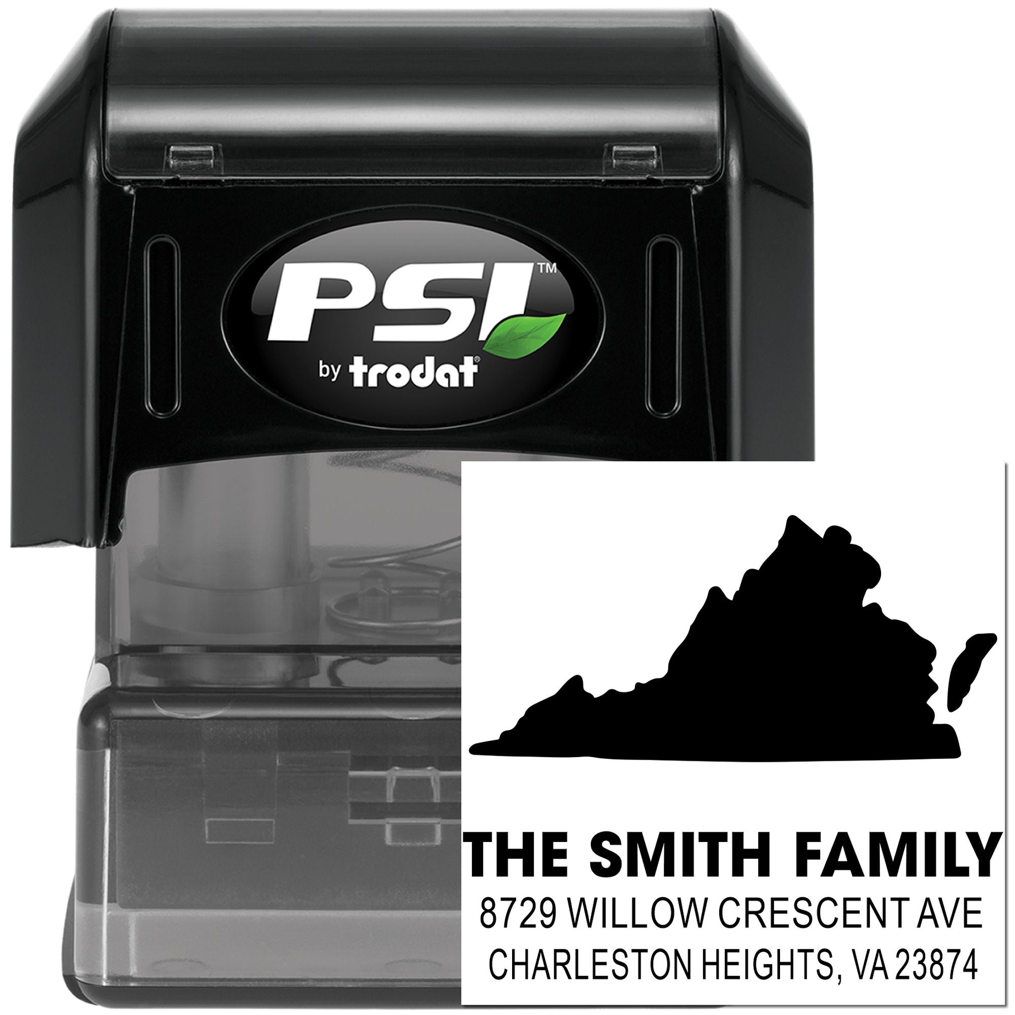 PSI by Trodat self-inking address stamp with Virginia silhouette and The Smith Family return address, shown in black on white background.
