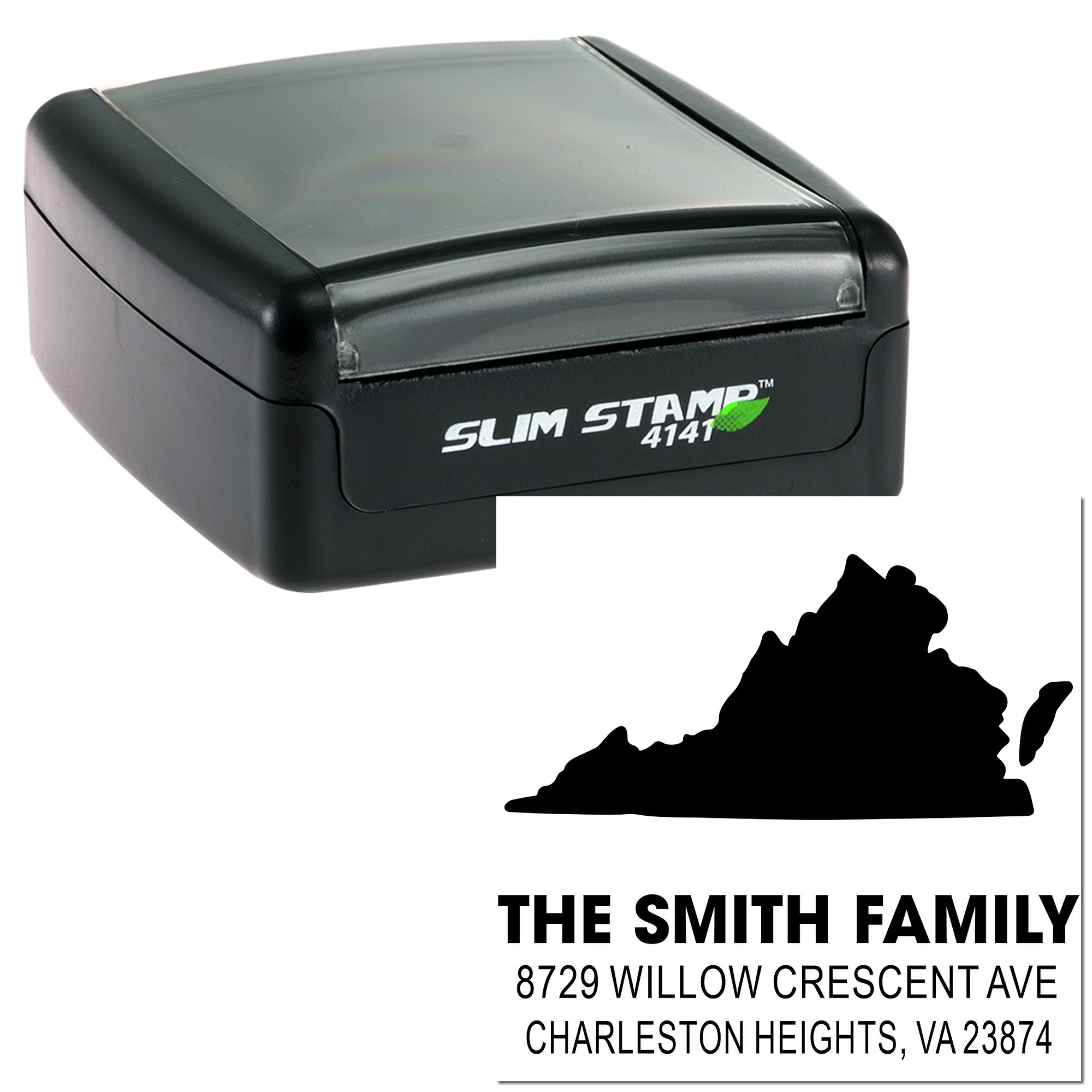 Slim self-inking return address stamp with Virginia silhouette and personalized Smith family address text on a white background.
