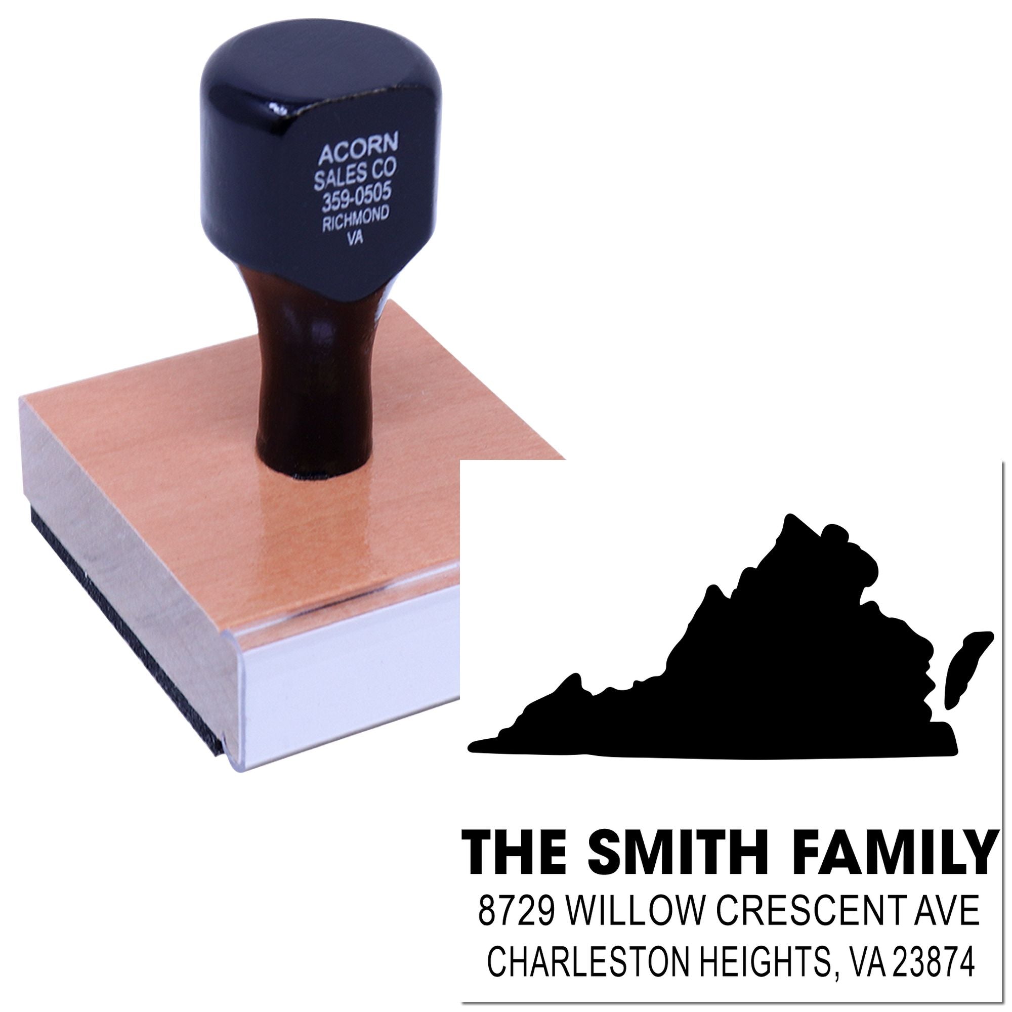 Custom rubber address stamp with wooden handle, showing Virginia silhouette and The Smith Family return address on a white background.
