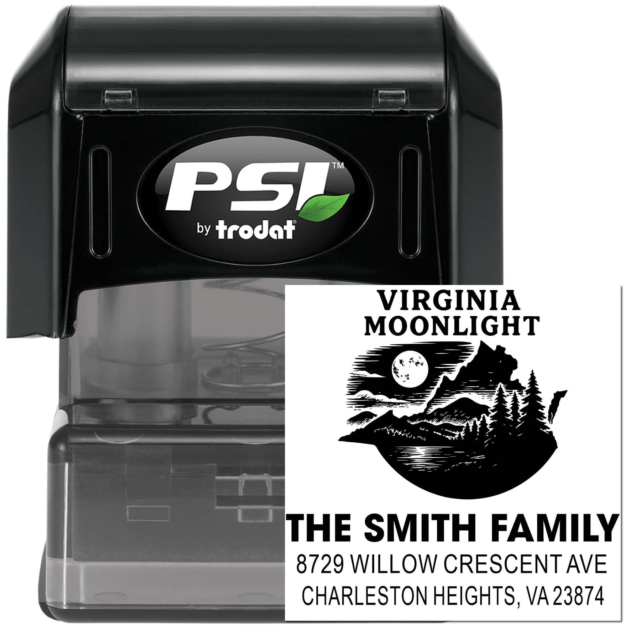 PSI by trodat self-inking address stamp with Virginia Moonlight design, The Smith Family name, and Charleston Heights, VA return address.
