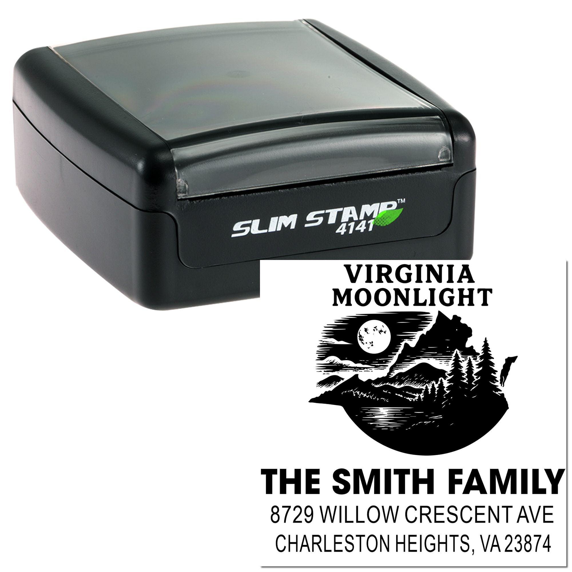 Self-inking address stamp with Virginia Moonlight mountain-and-moon design, The Smith Family name, and Charleston Heights, VA address.