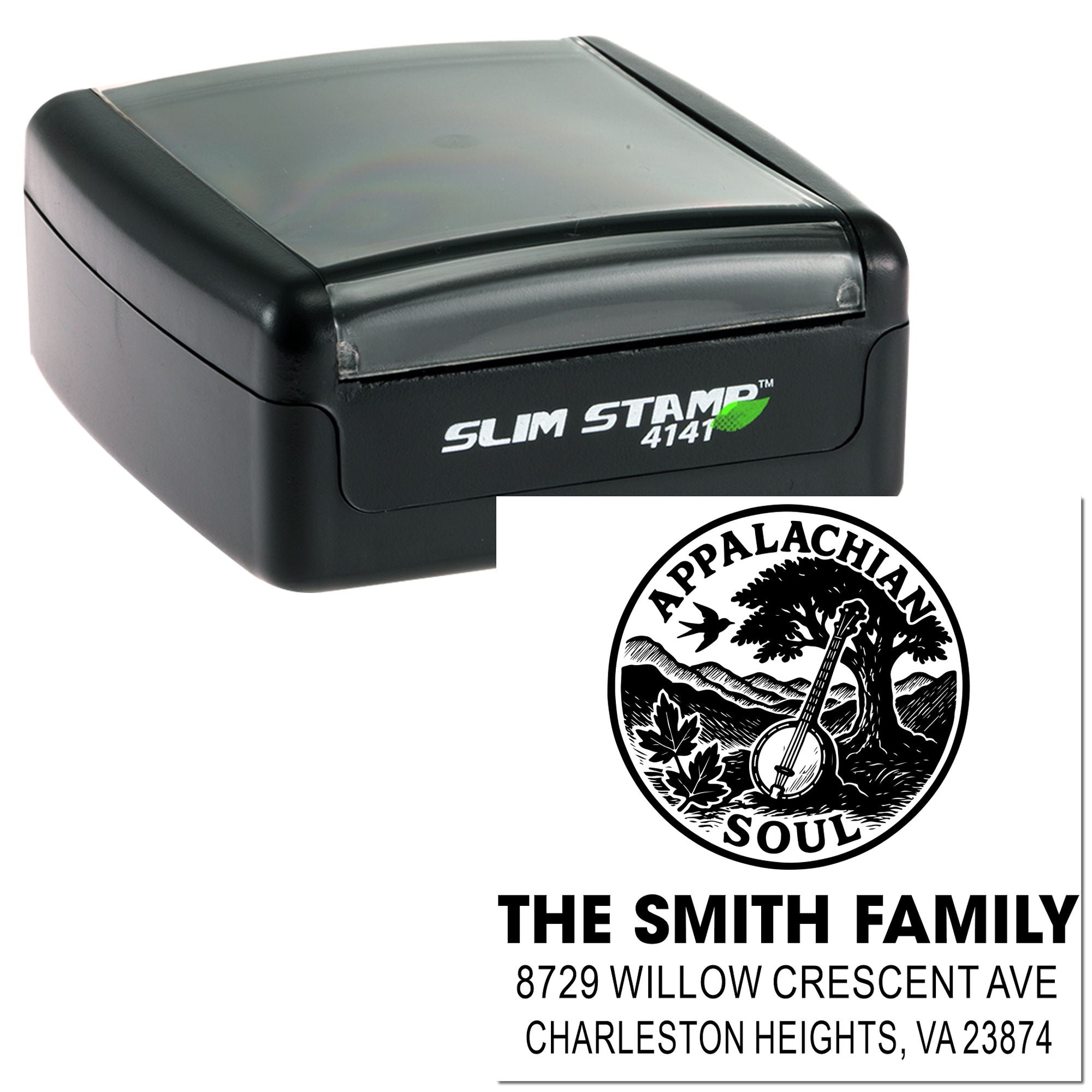 Custom self-inking Slim Stamp 4141 with Appalachian Soul logo and The Smith Family address imprint on a white background.
