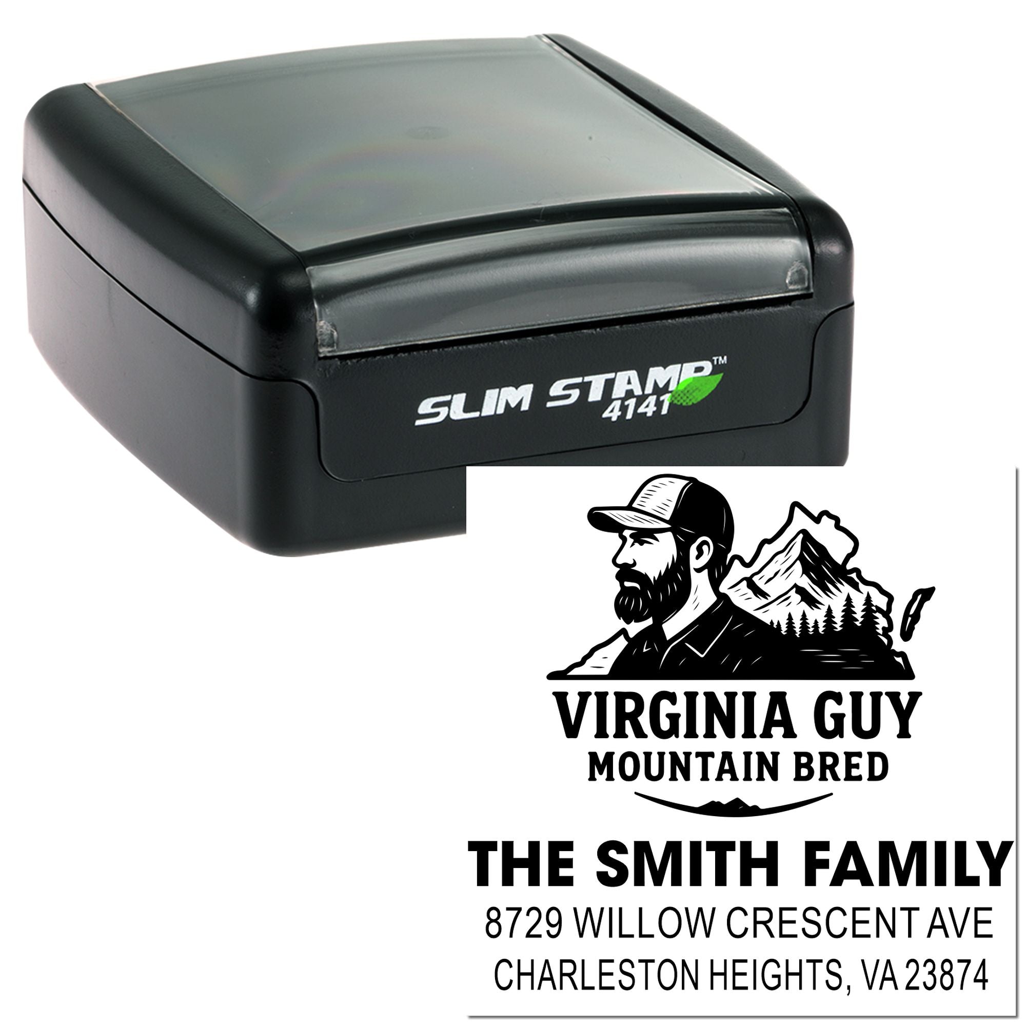 Slim Stamp 4141 self-inking address stamp with custom Virginia Guy Mountain Bred design and The Smith Family return address imprint.