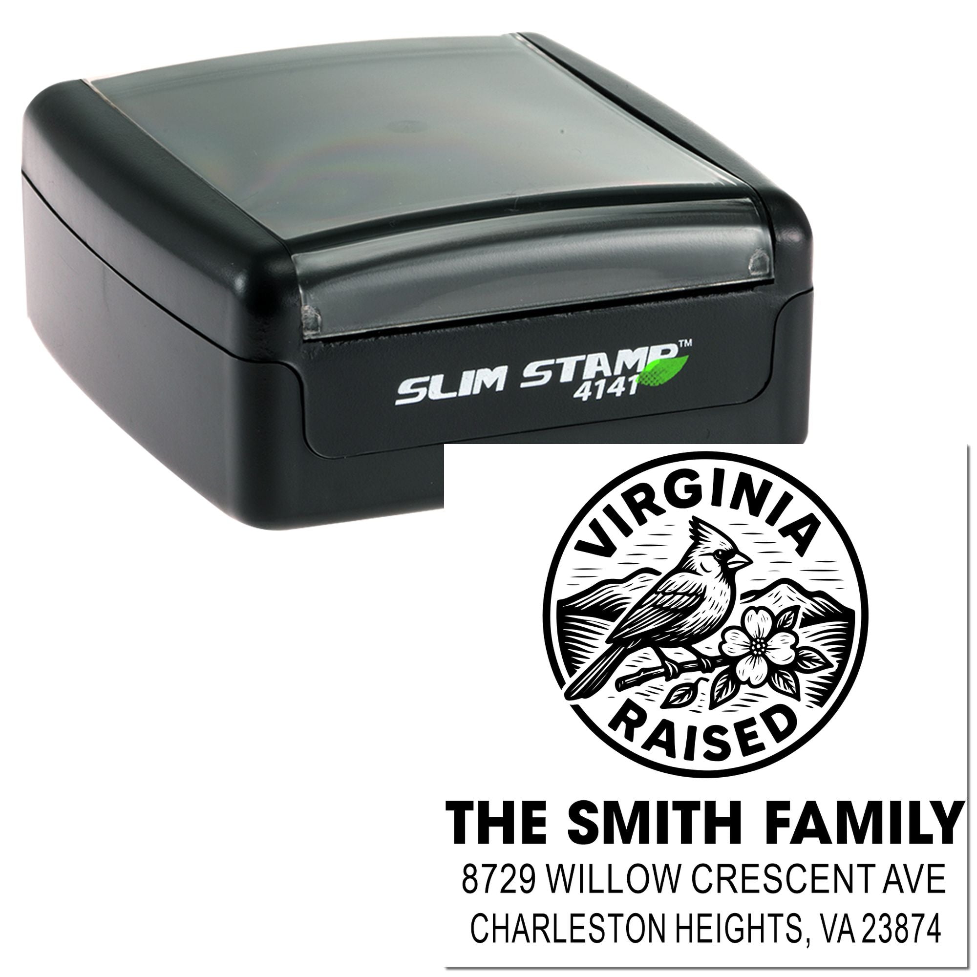 Custom slim self-inking address stamp with Virginia Raised bird design and The Smith Family return address, black stamp case on white background.