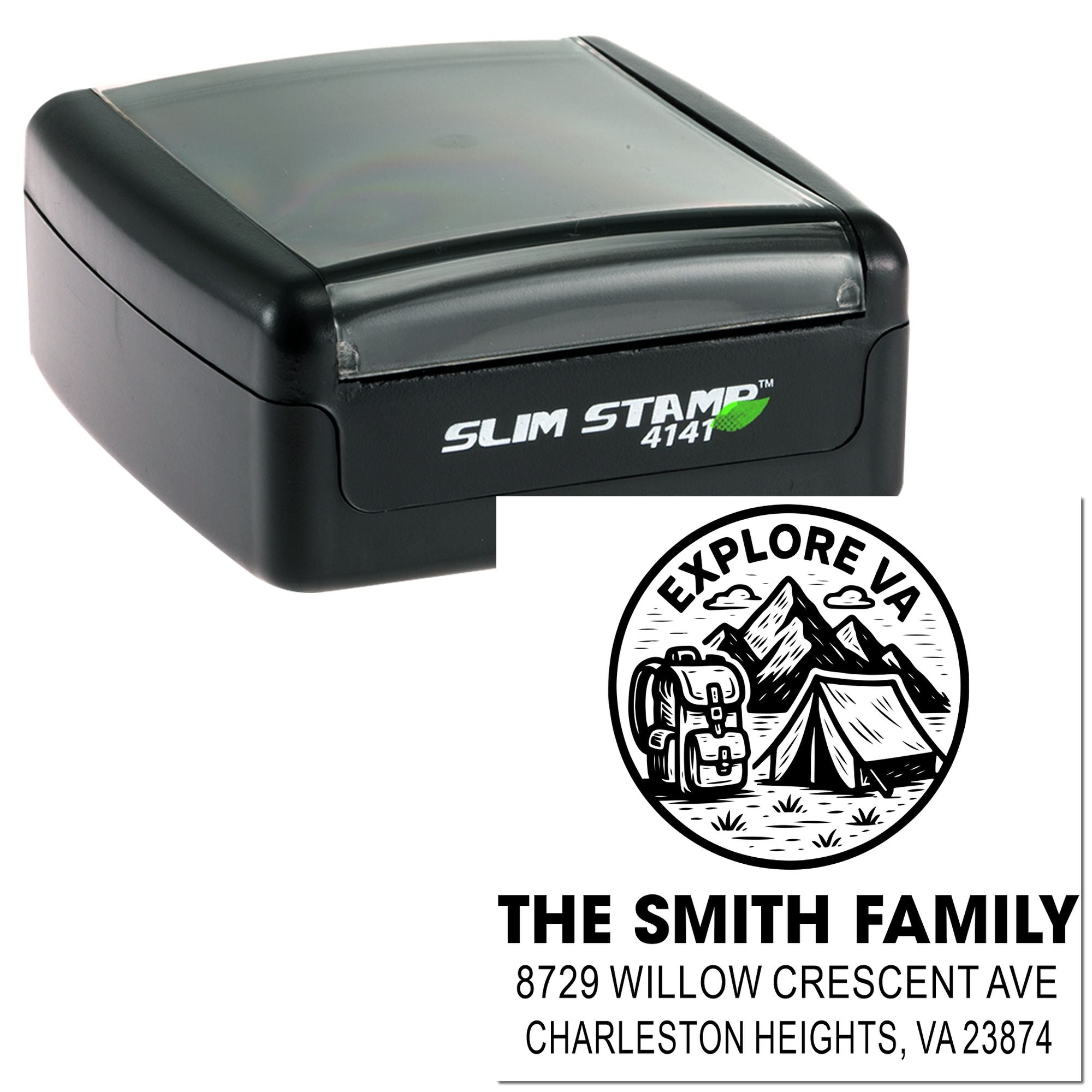Custom self-inking Slim Stamp 4141 with camping logo, The Smith Family address, and black stamp case on a white background.