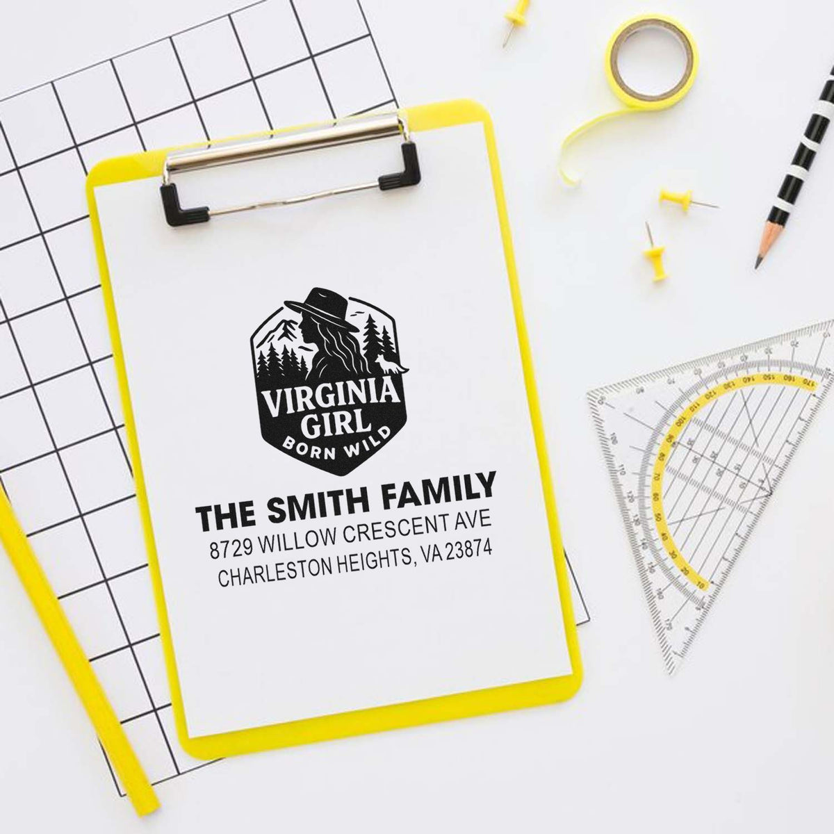 Personalized Virginia Girl Born Wild family address rubber stamp design with custom name and mailing address.