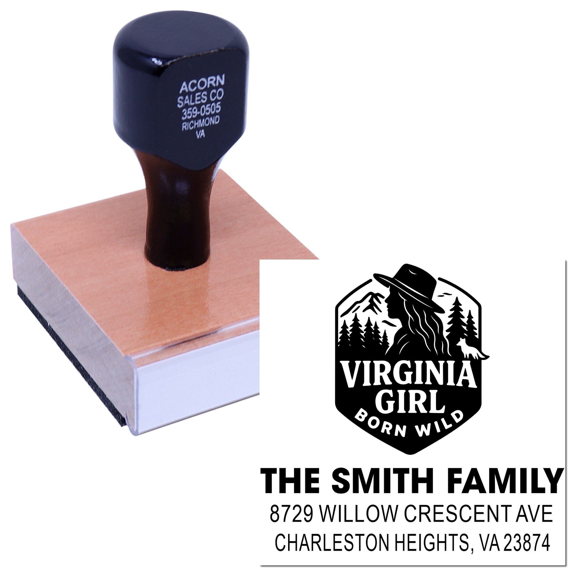 Custom rubber address stamp on wooden block, featuring Virginia Girl Born Wild logo and The Smith Family mailing address on a white background.