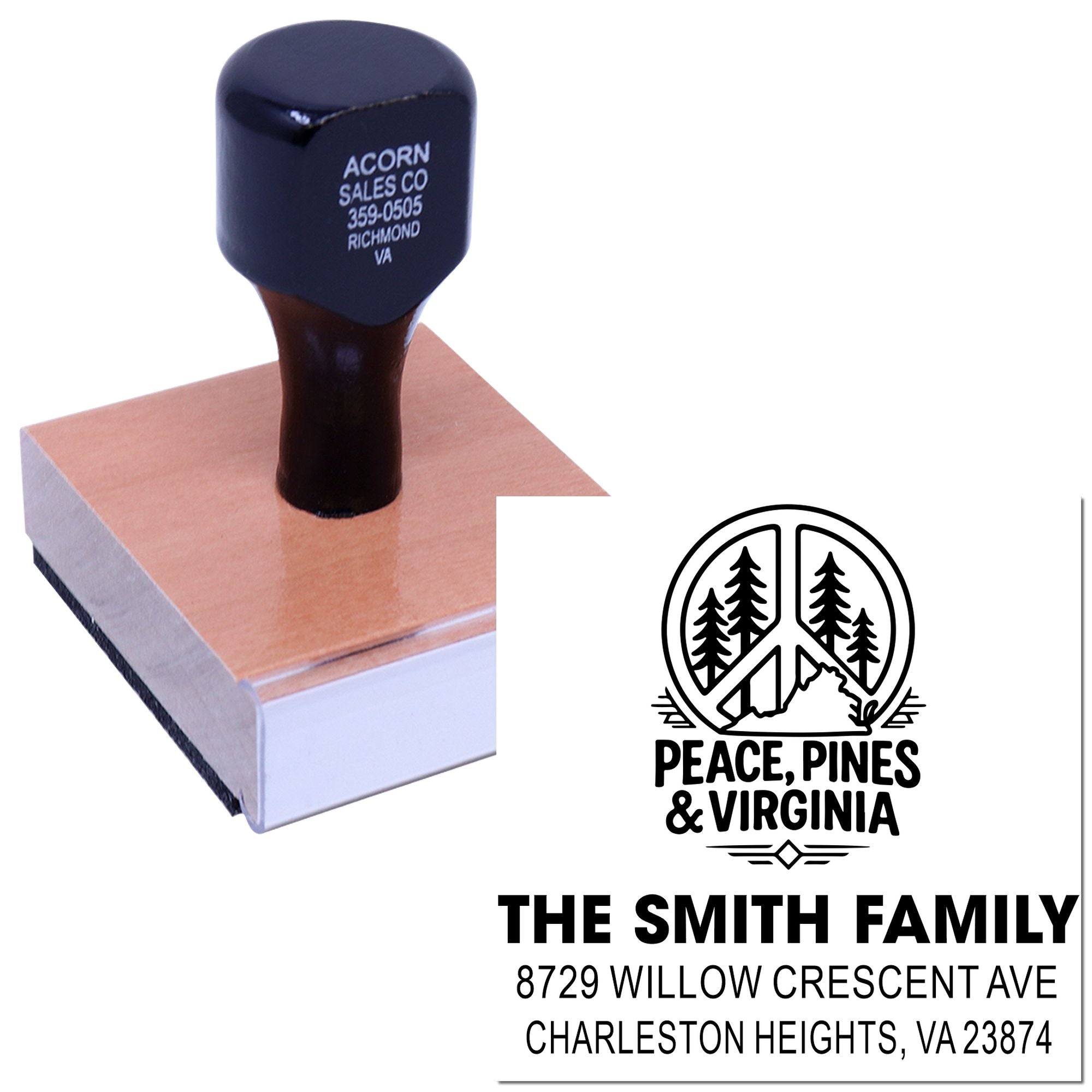 Custom family address stamp with Peace, Pines & Virginia logo, pressed on a wooden block base beside the stamped Smith family address.