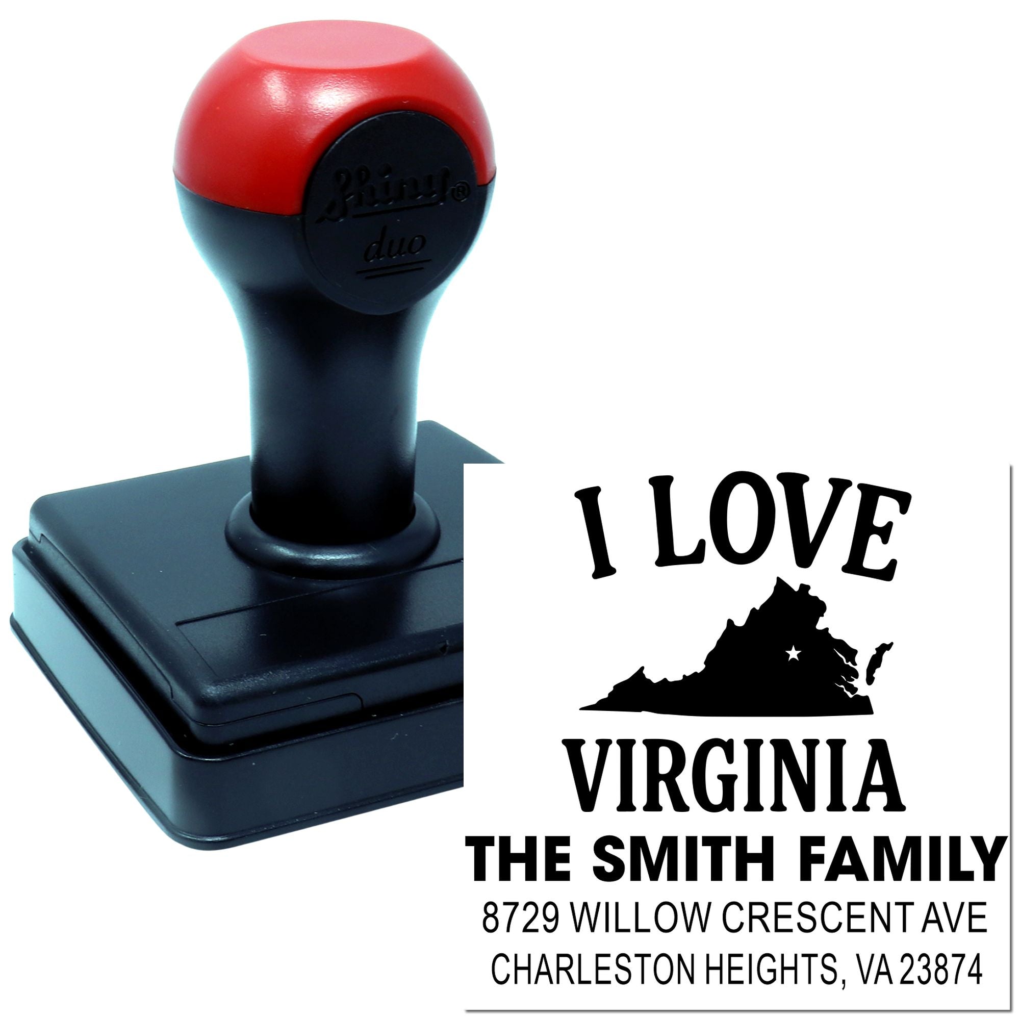 Custom self-inking Virginia address stamp with red and black handle, showing I LOVE VIRGINIA and The Smith Family return address on a white background.