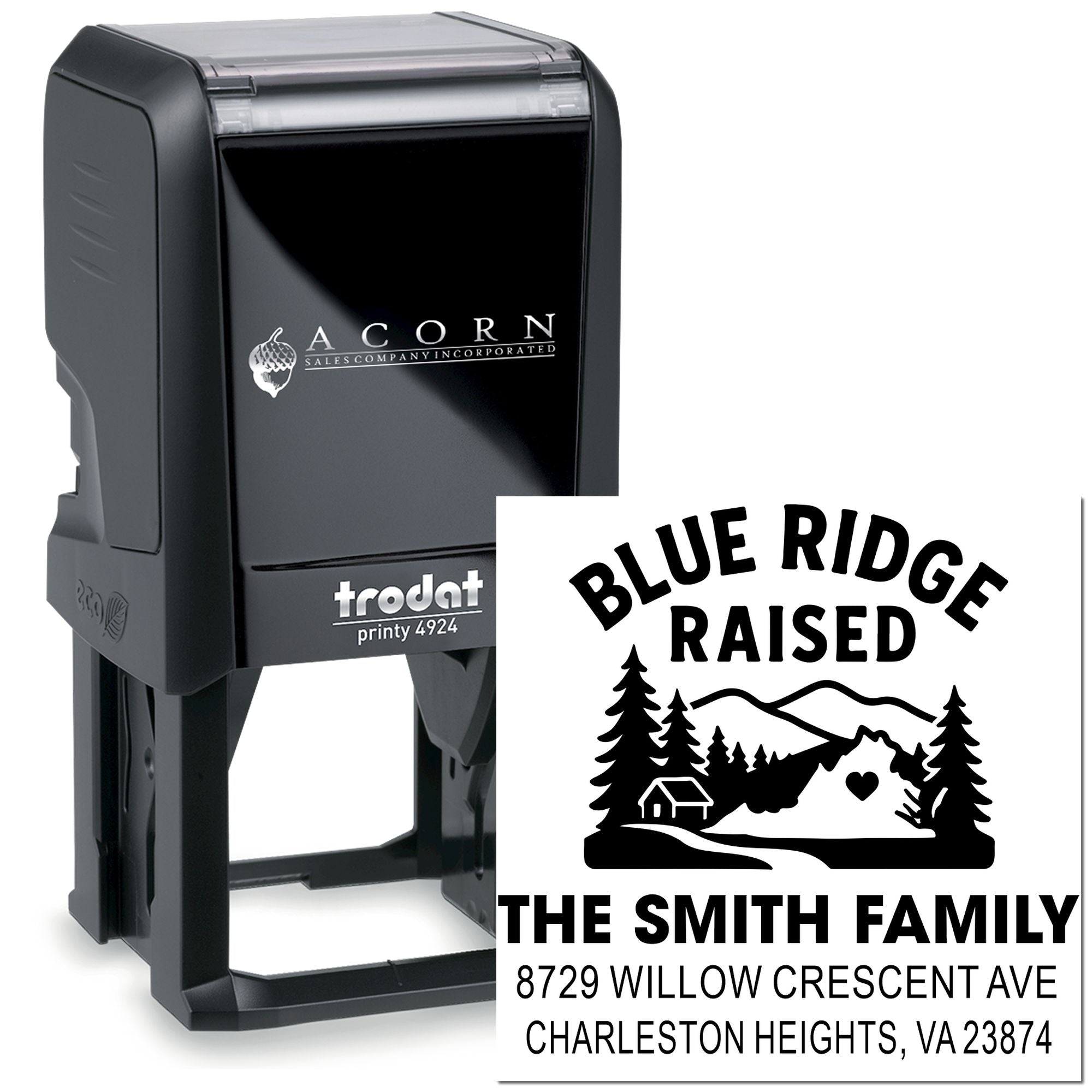 Custom self-inking rubber stamp with Blue Ridge Raised family return address design, black Trodat Printy stamp shown on a white background.