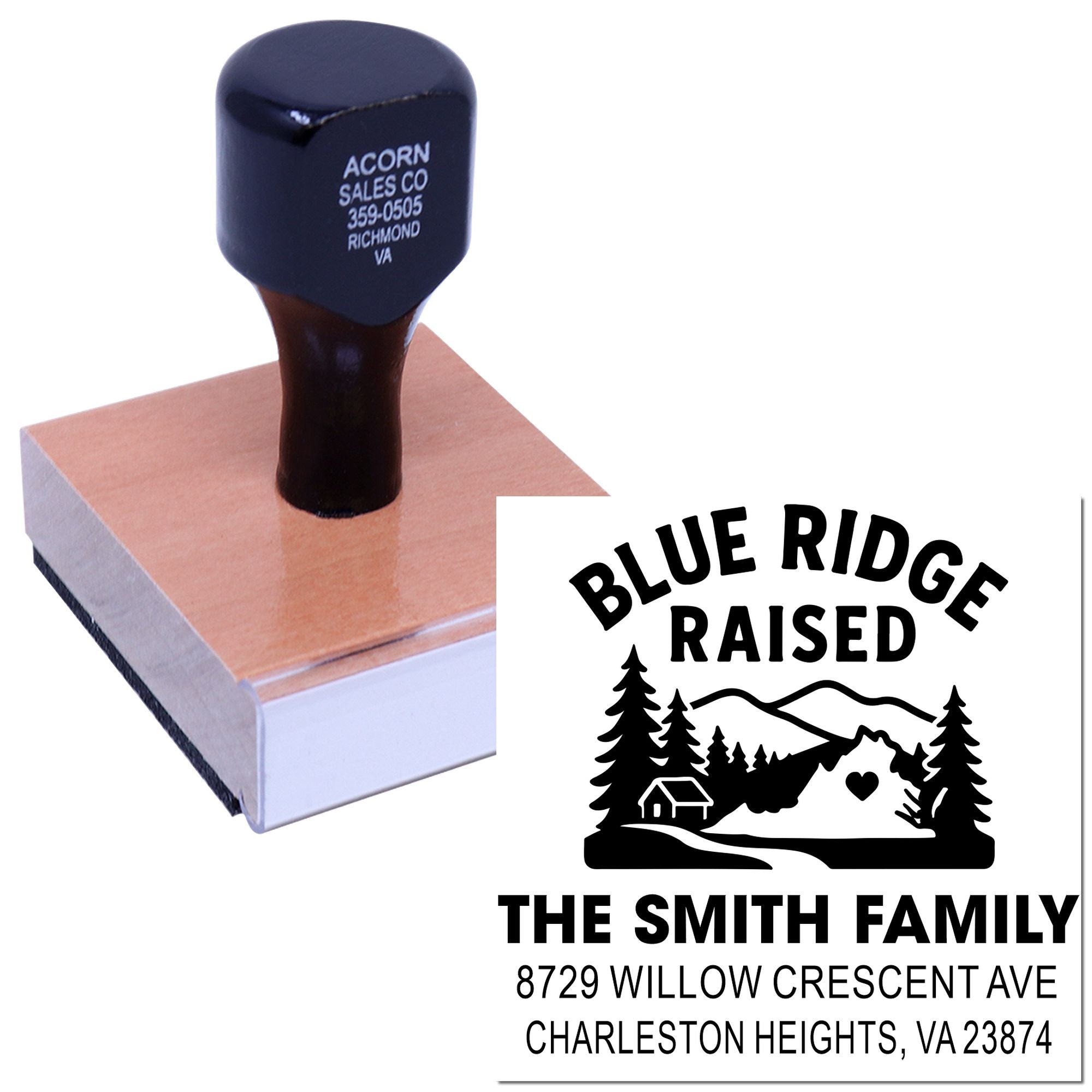 Custom Blue Ridge Raised address stamp with wooden handle on white background, showing The Smith Family mountain cabin imprint.
