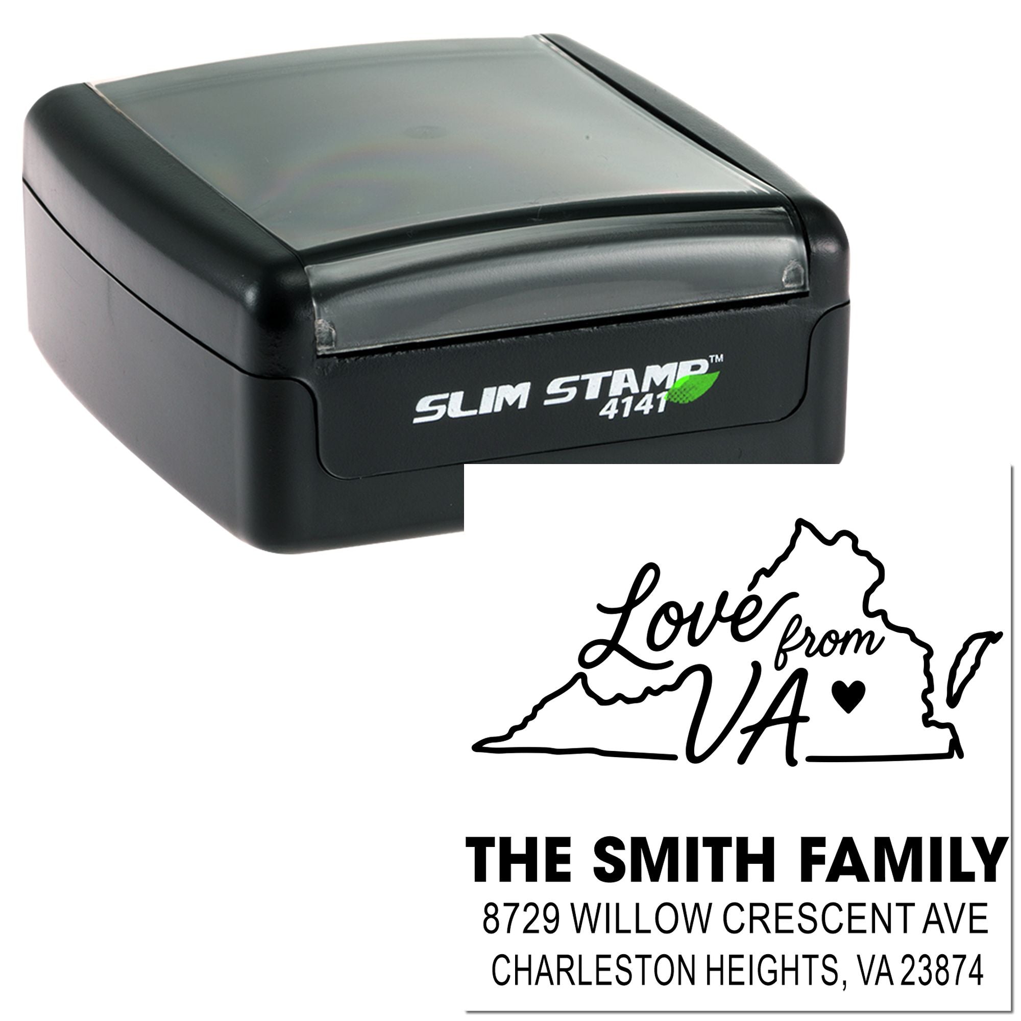 Custom self-inking stamp with Virginia outline and Loved from VA address imprint for The Smith Family, shown beside the black Slim Stamp 4141 case.