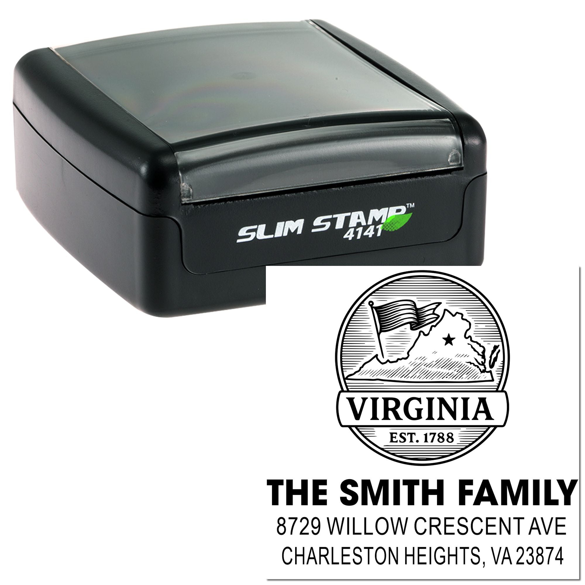Custom Virginia address stamp with family name, street address, and state seal design on a black Slim Stamp 4141 self-inking stamper.